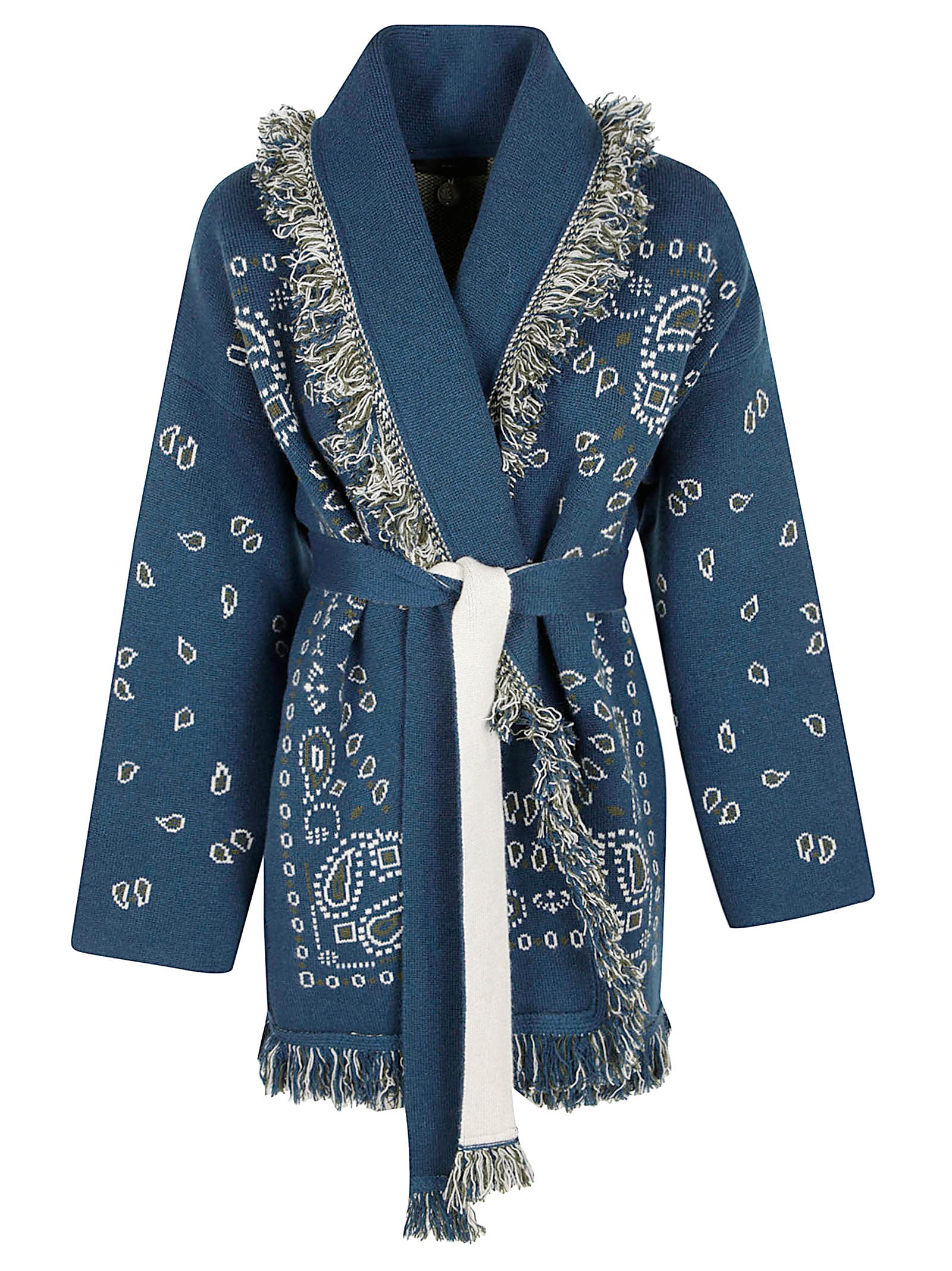 Alanui Bandana Jacquard Cashmere Cardigan With Two-tone Belt Closure In Blue