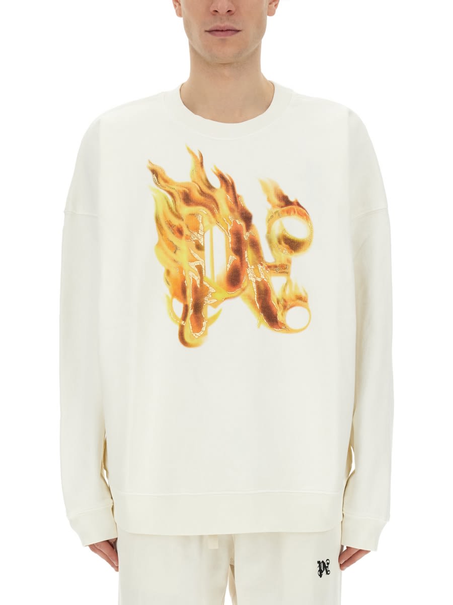 Shop Palm Angels Burning Monogram Print Sweatshirt In White