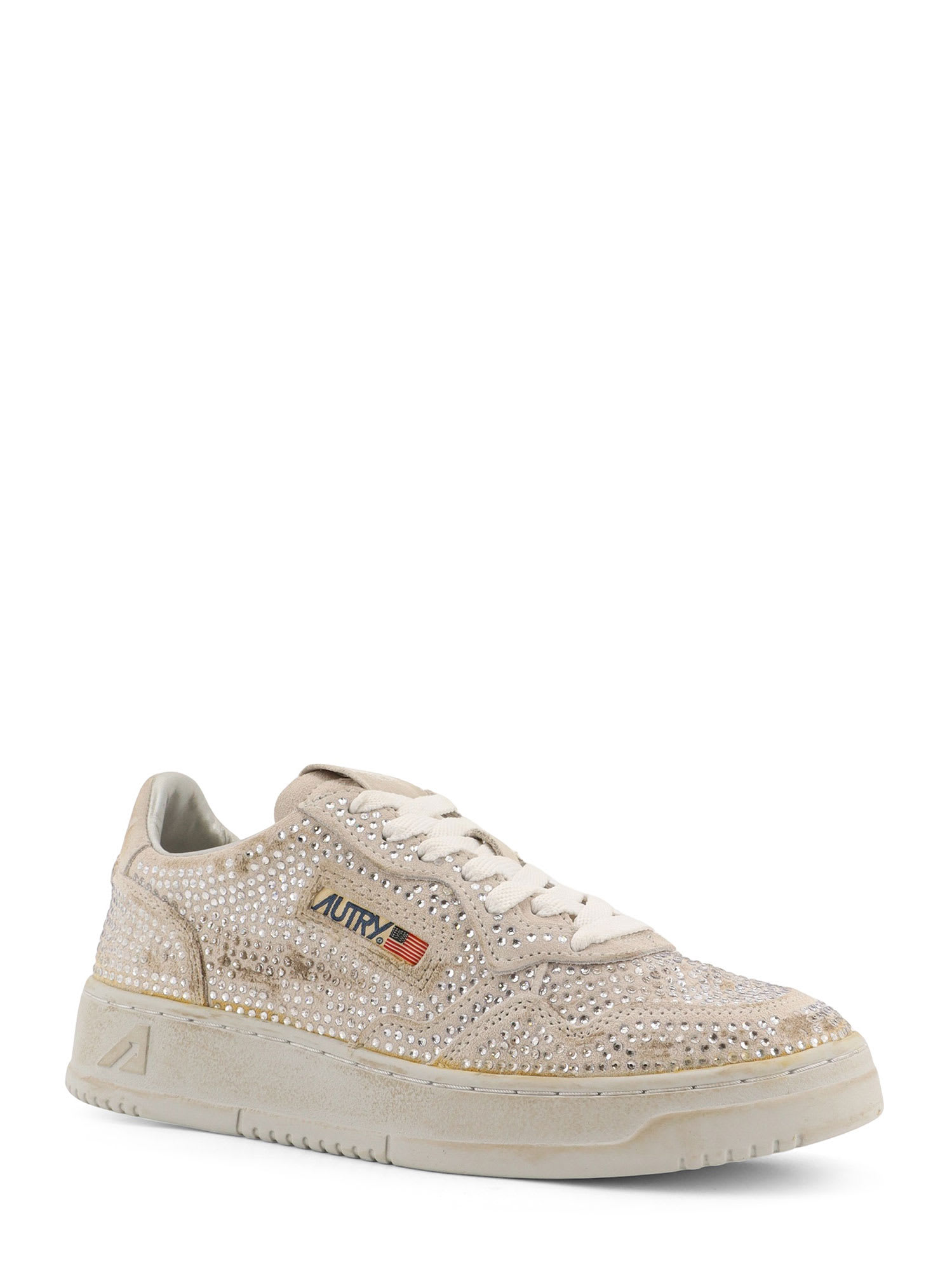 Autry Medalist Low Suede Sneakers With Rhinestones In White