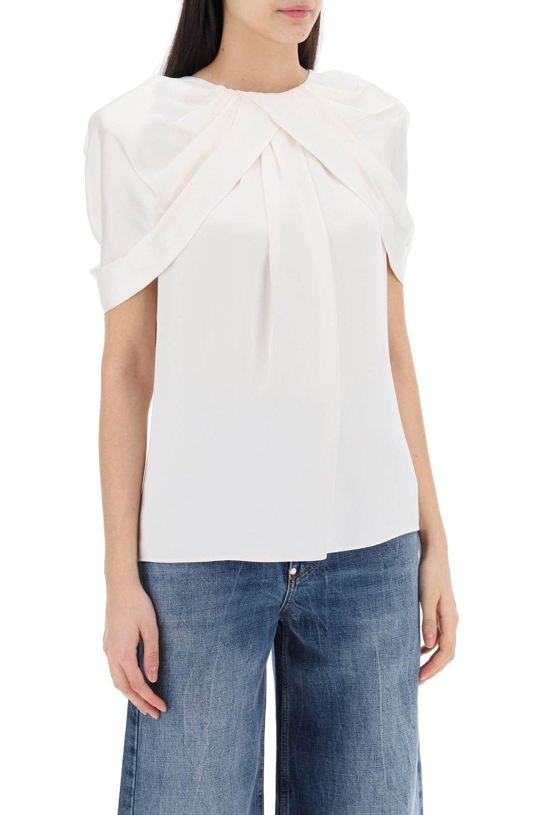 Shop Stella Mccartney Draped Shoulder Asymmetric Satin Top In Cream (white)