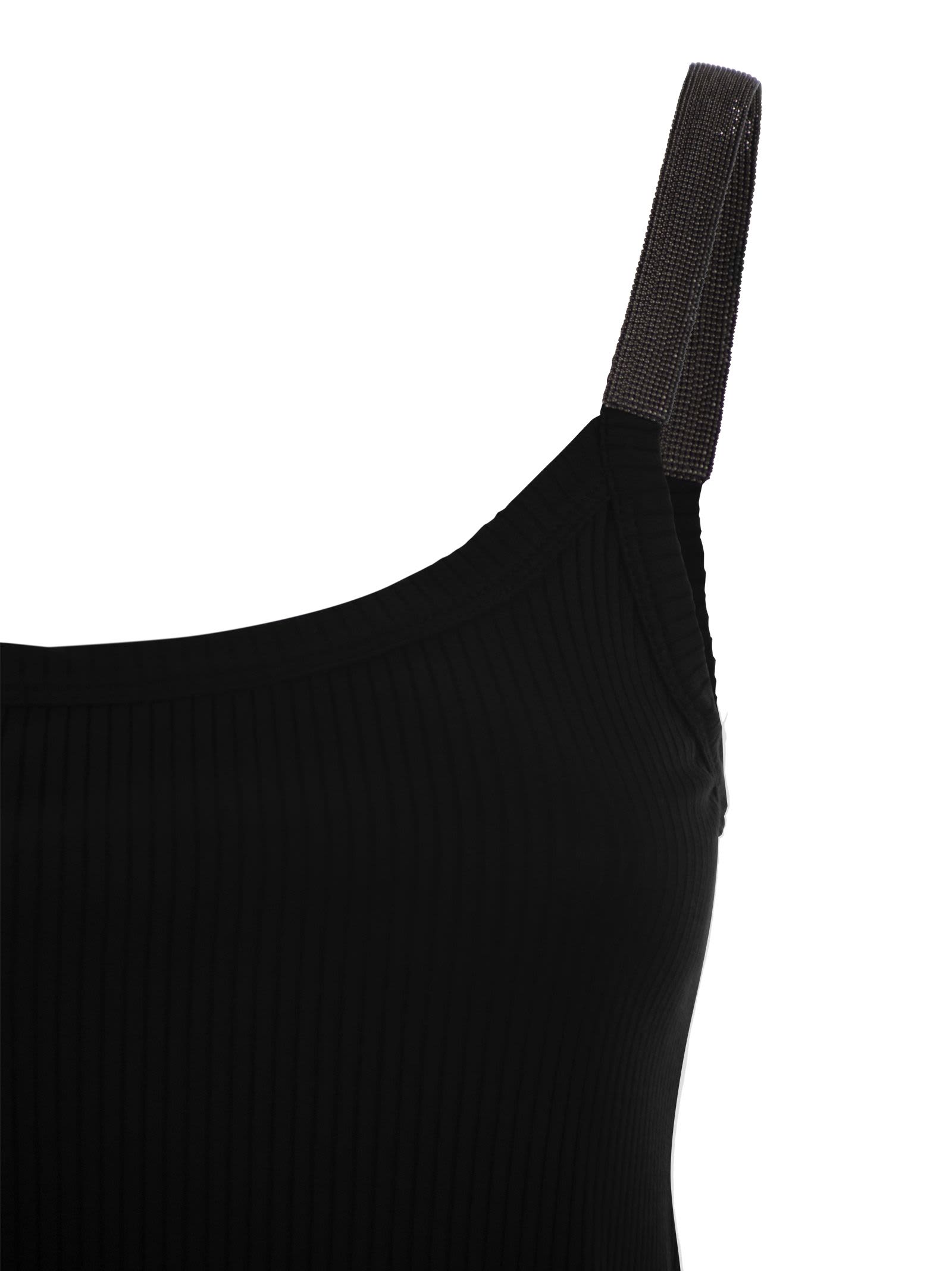 Brunello Cucinelli Stretch Cotton Ribbed Jersey Top With Precious Straps In Black