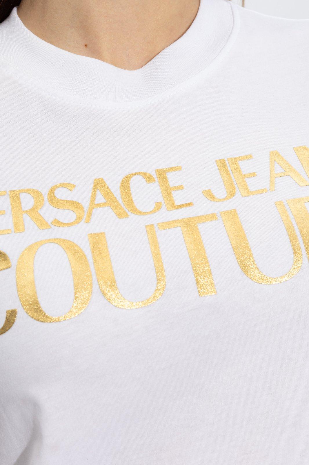 Shop Versace Jeans Couture Logo Printed Crewneck T-shirt In White/gold