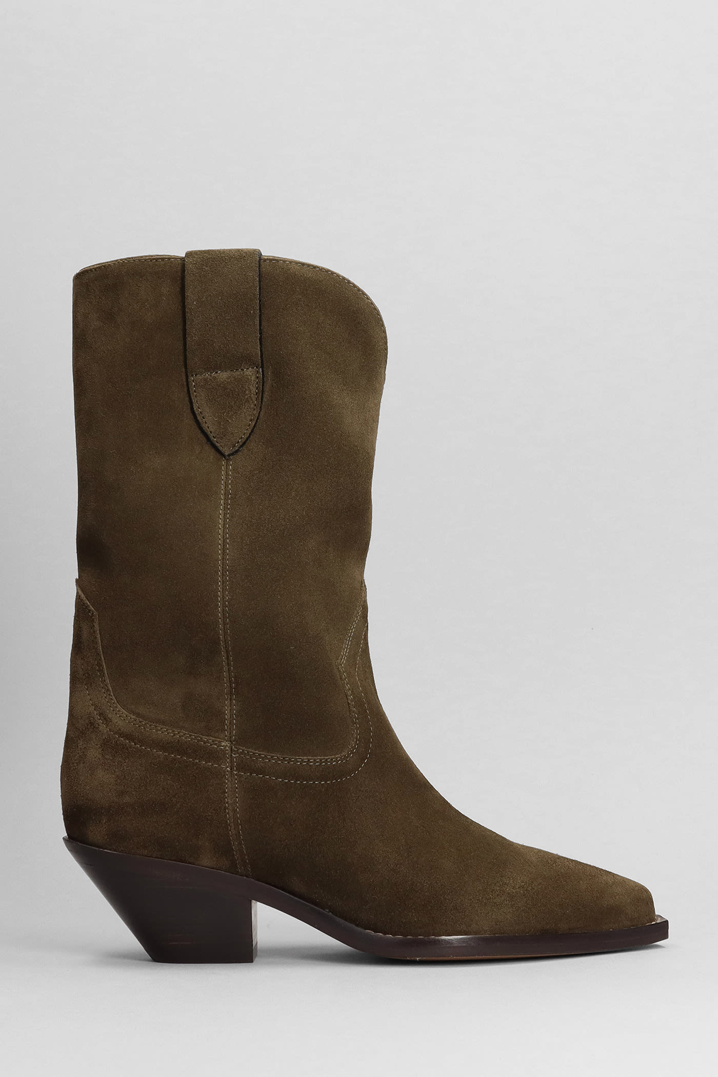 ISABEL MARANT DAHOPE TEXAN ANKLE BOOTS IN KHAKI SUEDE