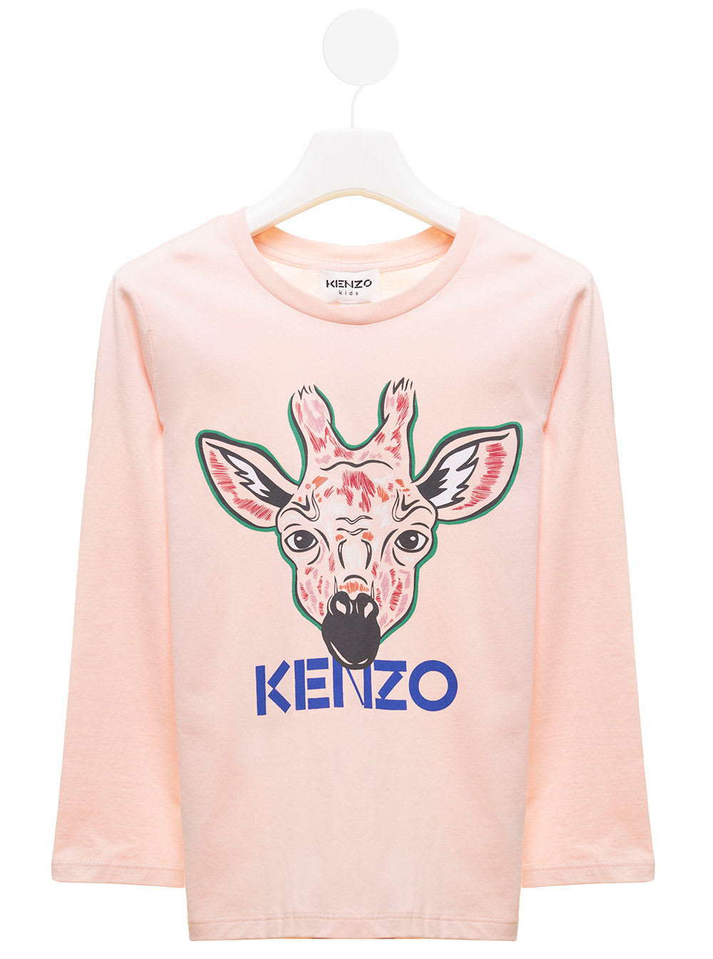 Long-sleeved Pink Cotton T-shirt With Giraffe Logo Print Kenzo Kids Girl