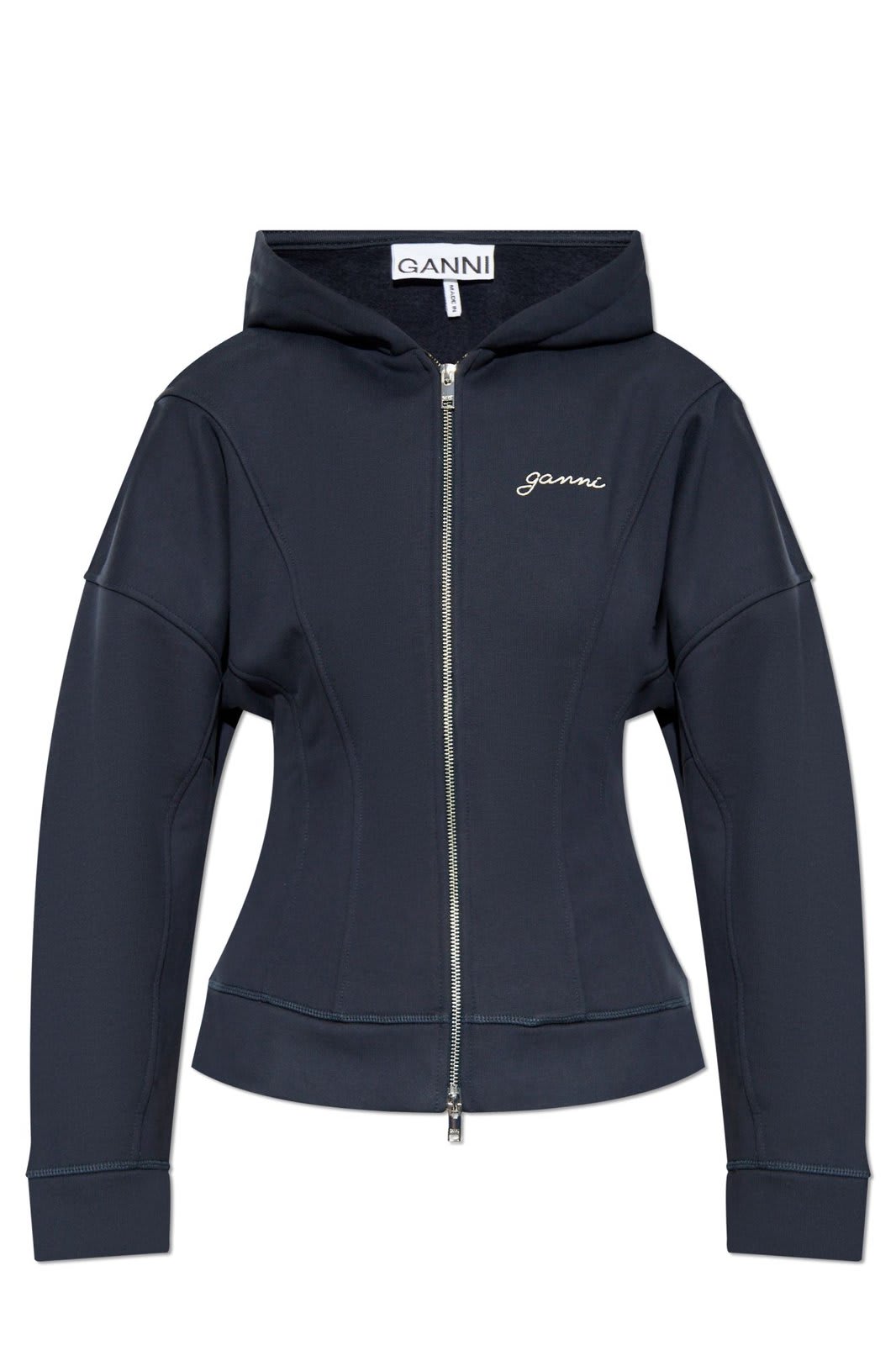 Shop Ganni Logo Embroidered Zipped Hoodie In Blue