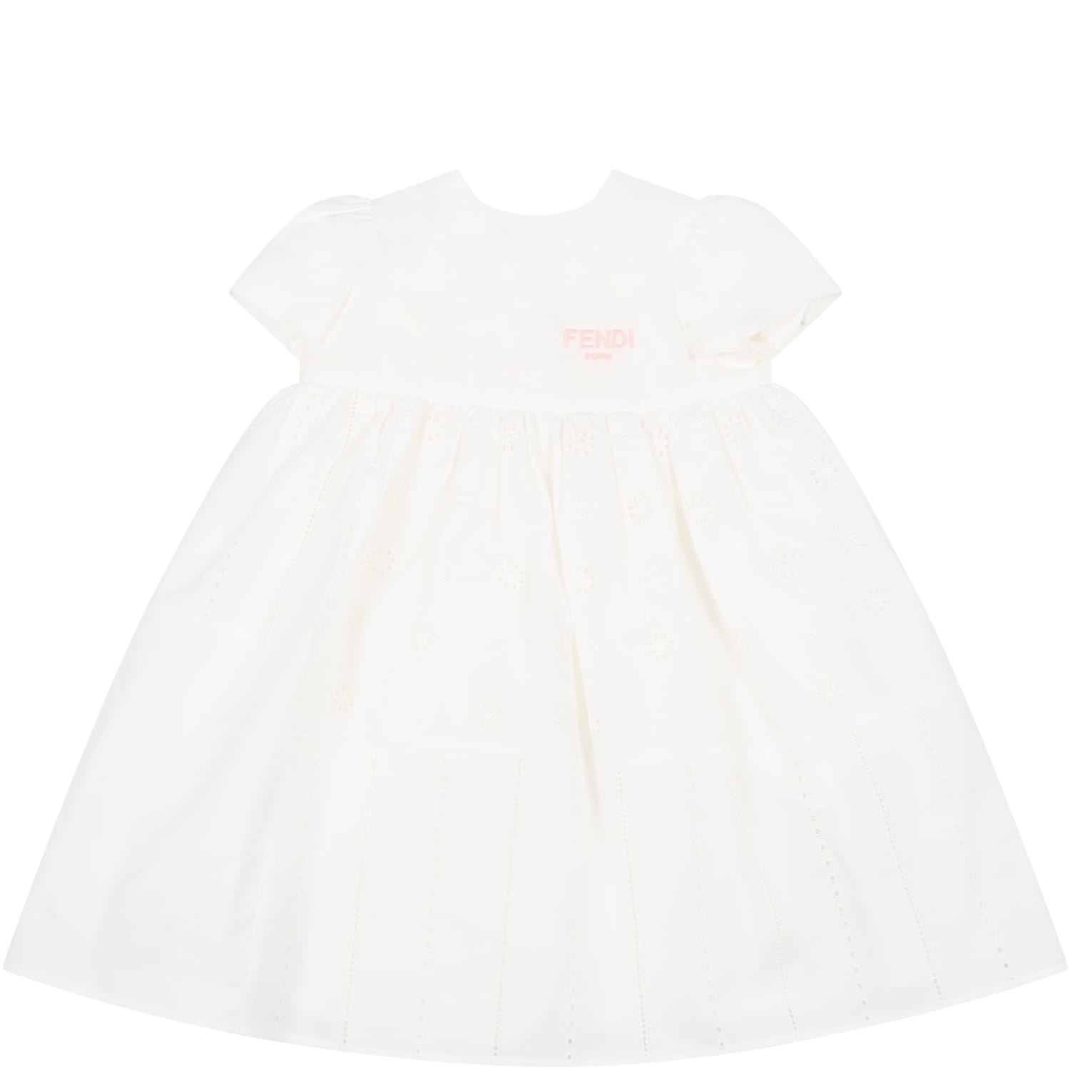 Fendi White Dress For Baby Girl With Pink Logo