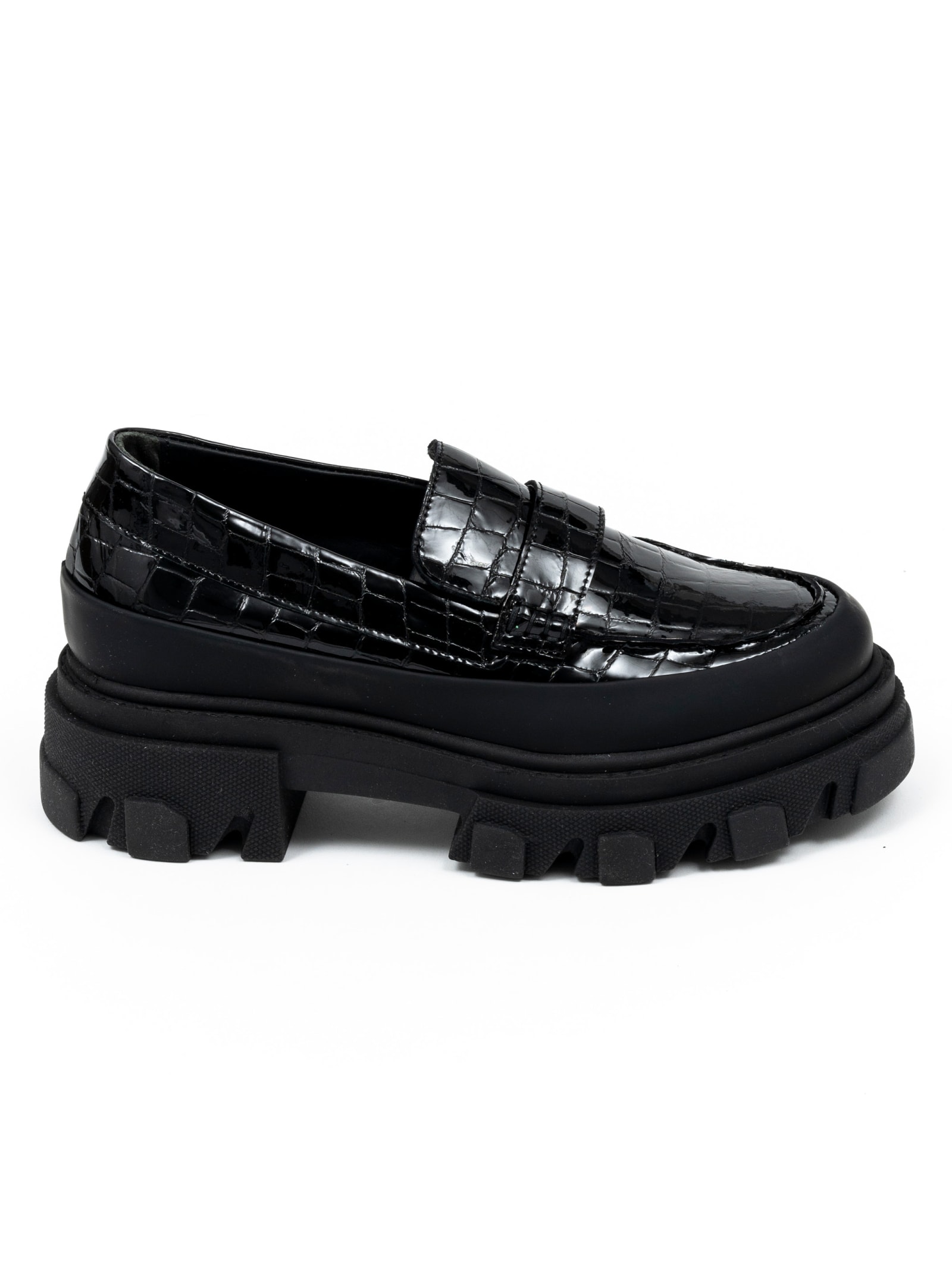 Ganni Women's Croc-embossed Patent Leather Lug Sole Loafers In Black ...