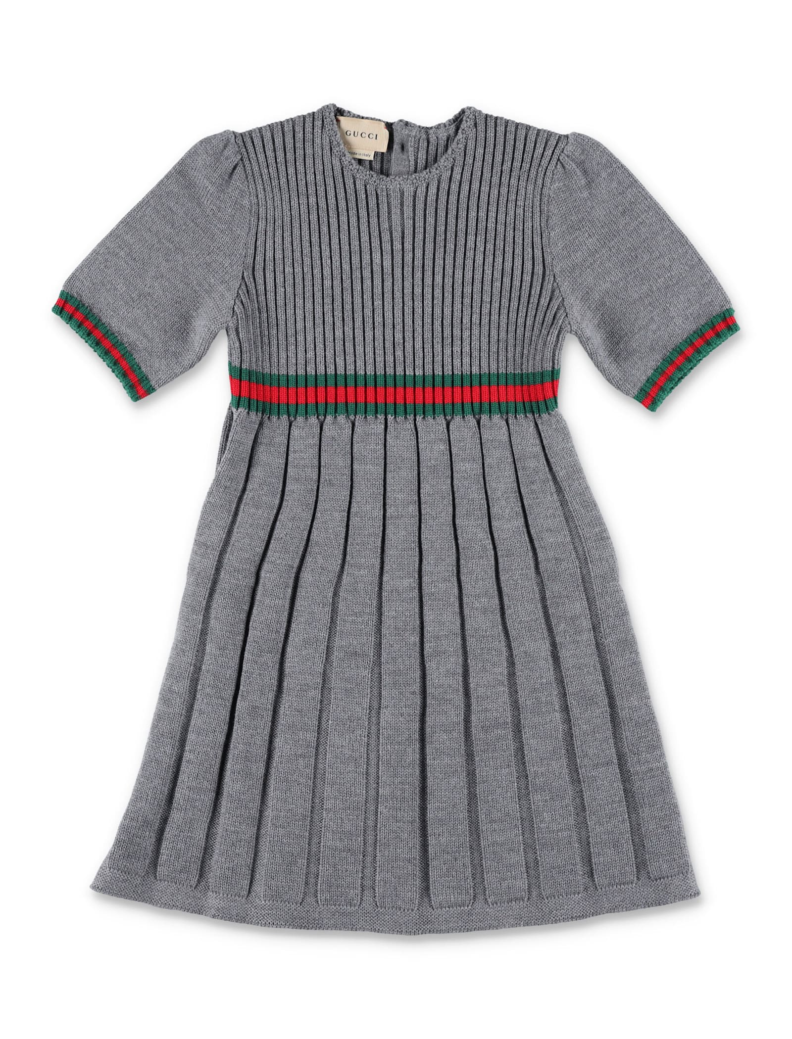 Gucci Grey Wool Dress With Web Ribbon In Grigio