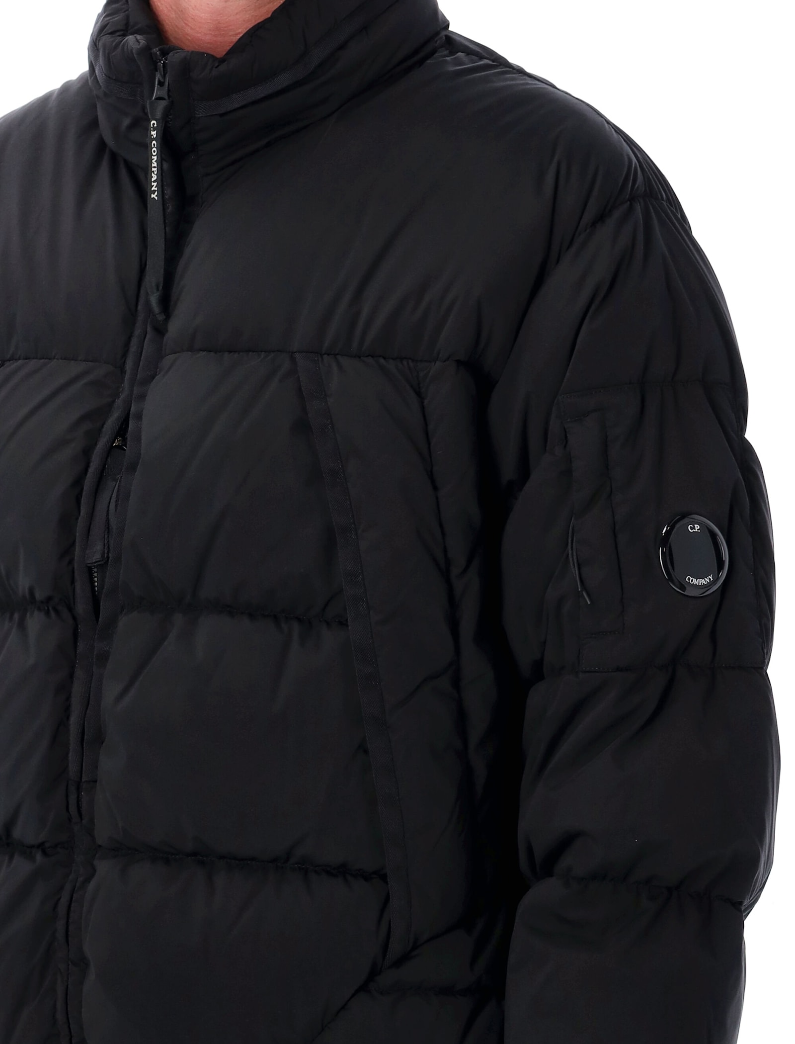 C.p. Company Quilted Down Jacket With High Collar And Logo Patch In Black