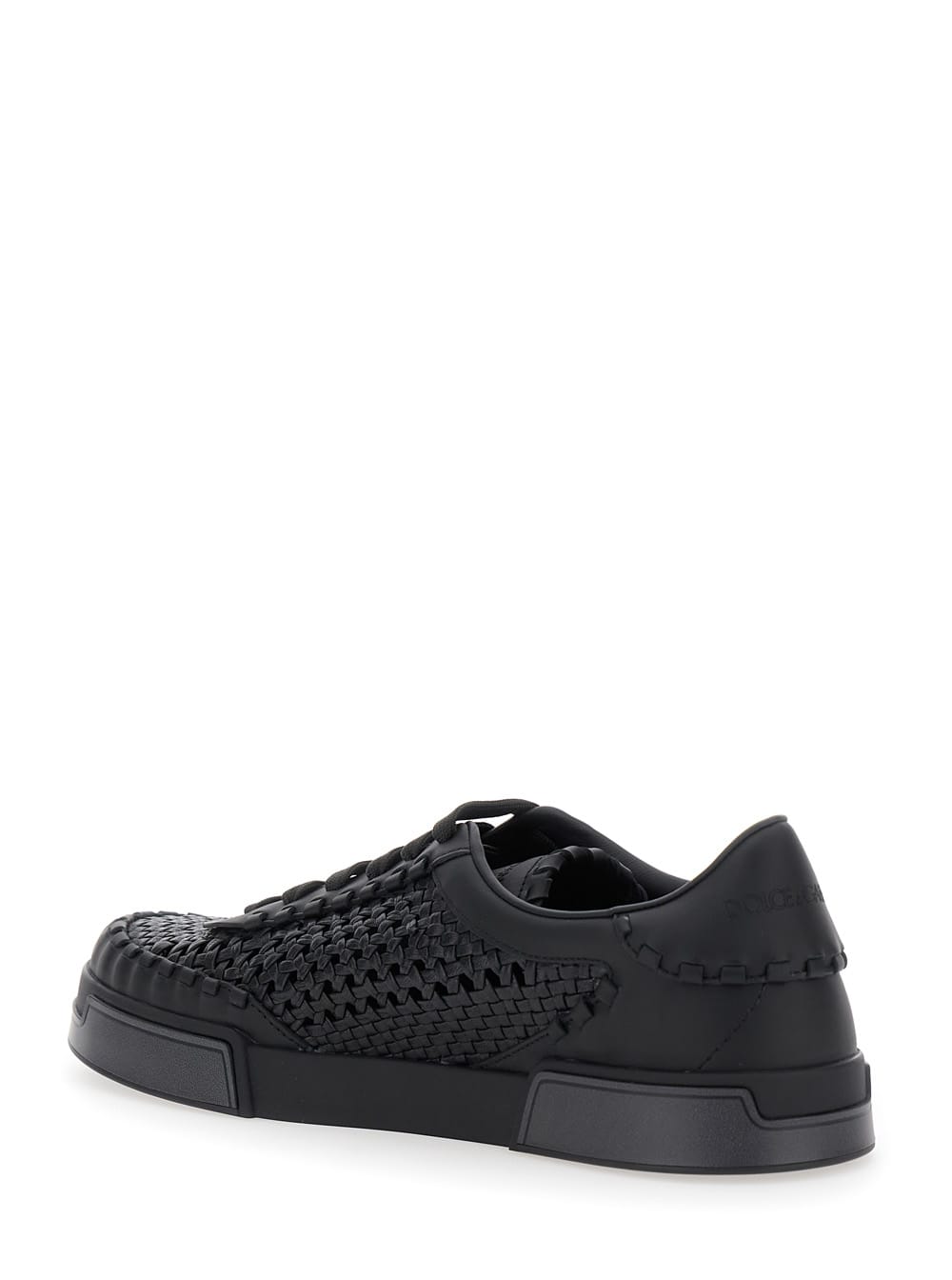 Dolce & Gabbana Round Toe Leather Low Top Sneakers In Black