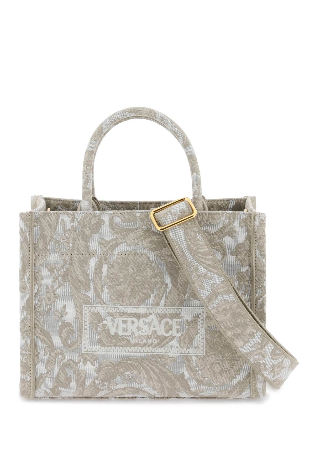 Shop Versace Athena Barocco Small Tote Bag In Beige+beige- Gold