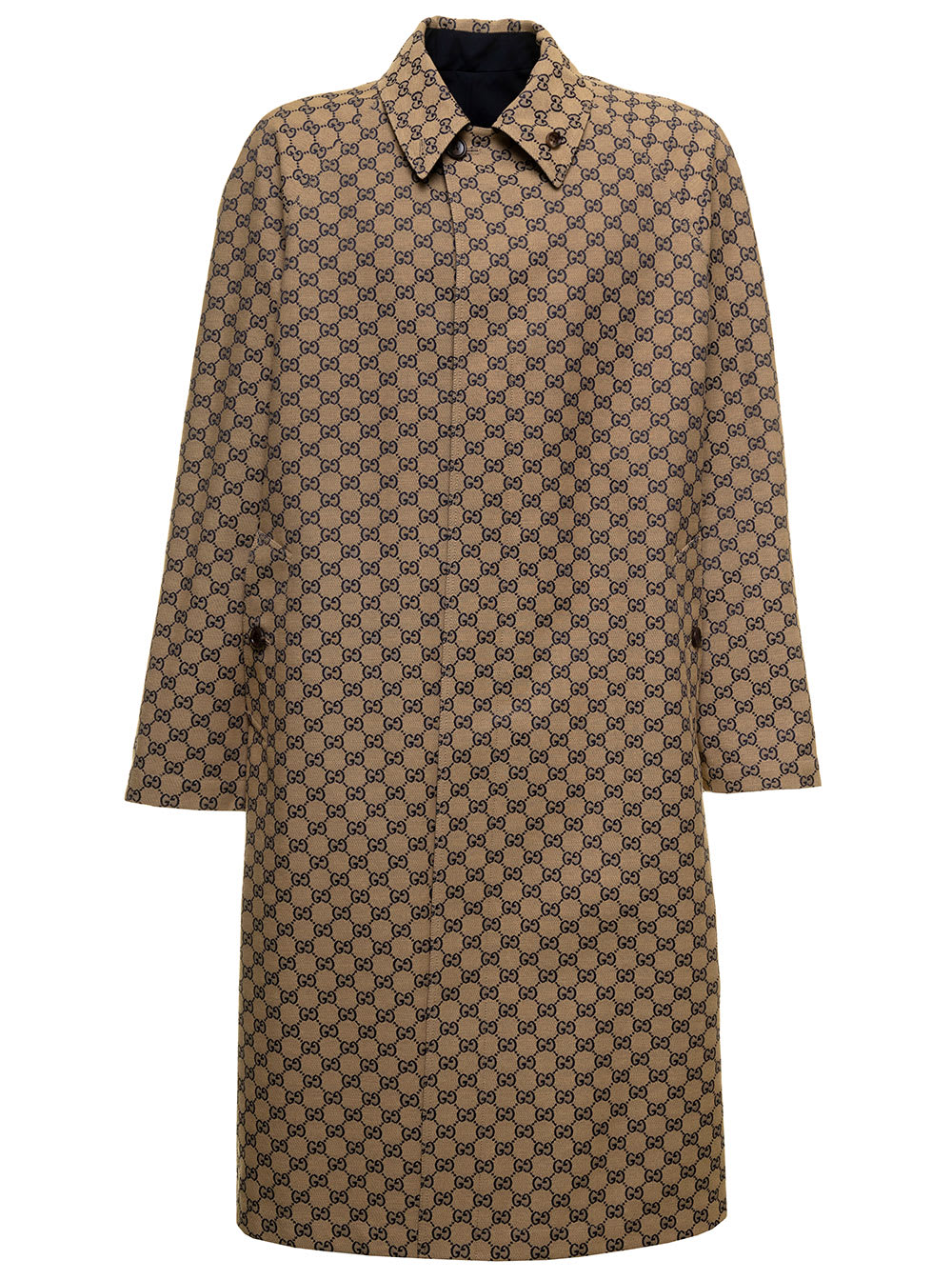 Shop Gucci Blue Reversible Coat In Gg Supreme And Tech Canvas Man