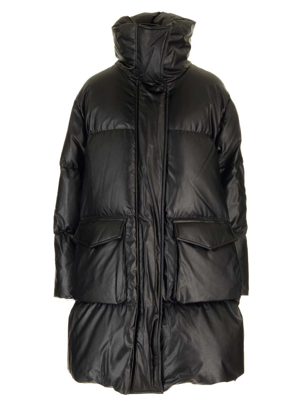 Leather-effect Long Puffer Coat