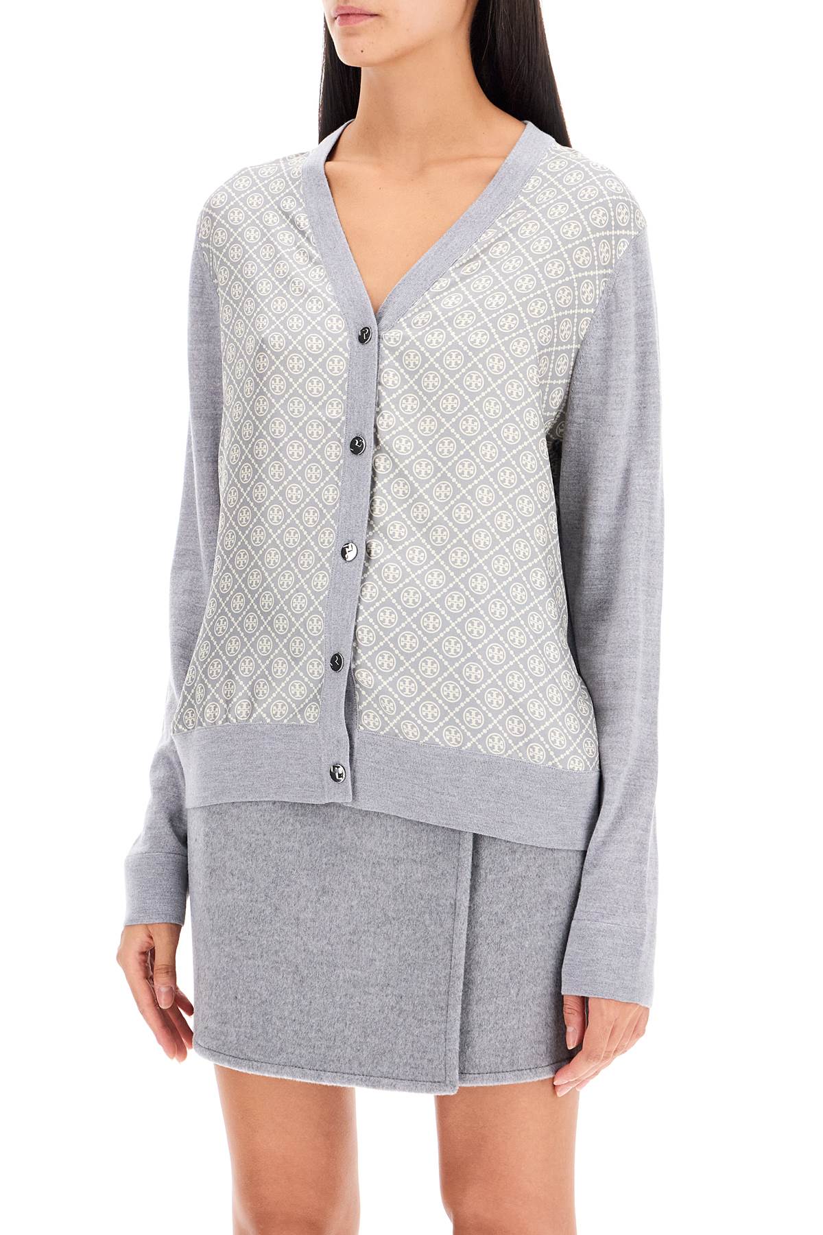 Shop Tory Burch Silk Insert Cardigan With Eight In Shadow Gray Melange T Monogram (grey)