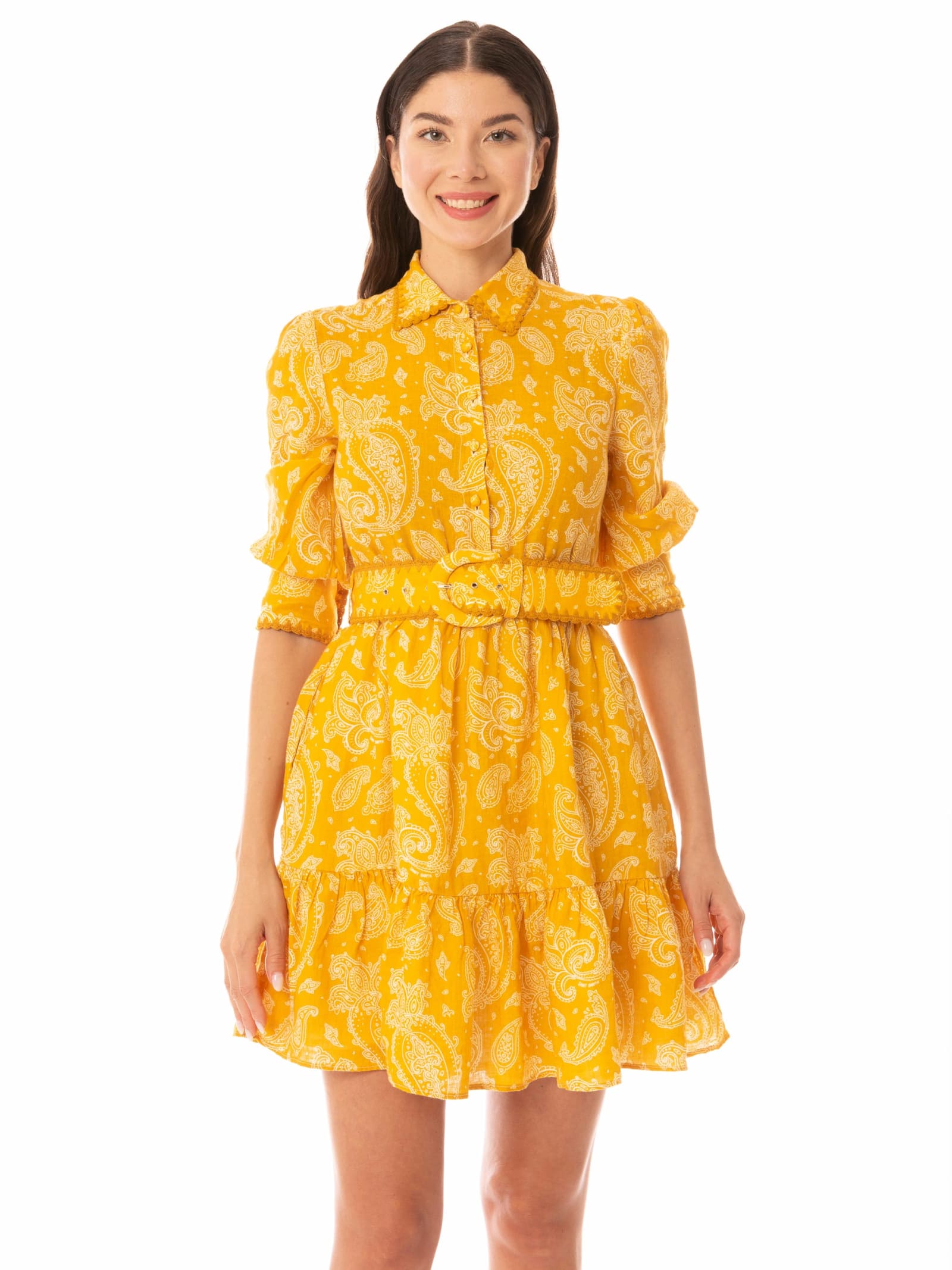 Shop Mc2 Saint Barth Paisley Print Linen Short Dress Daisi In Yellow