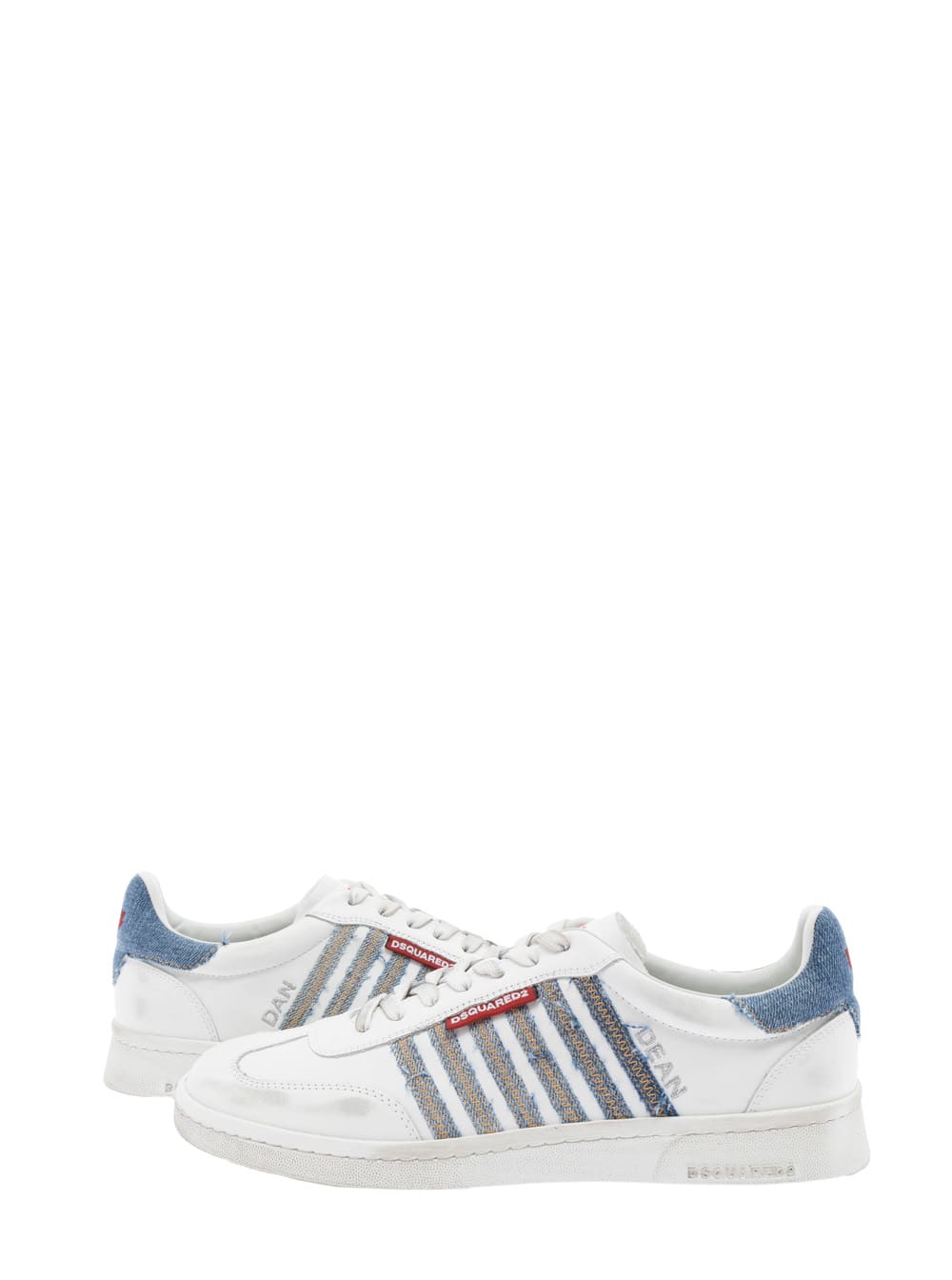 Dsquared2 White Low Top Sneakers With Logo Patch On Tongue And Side And Contrasting Heel With Logo In Leather