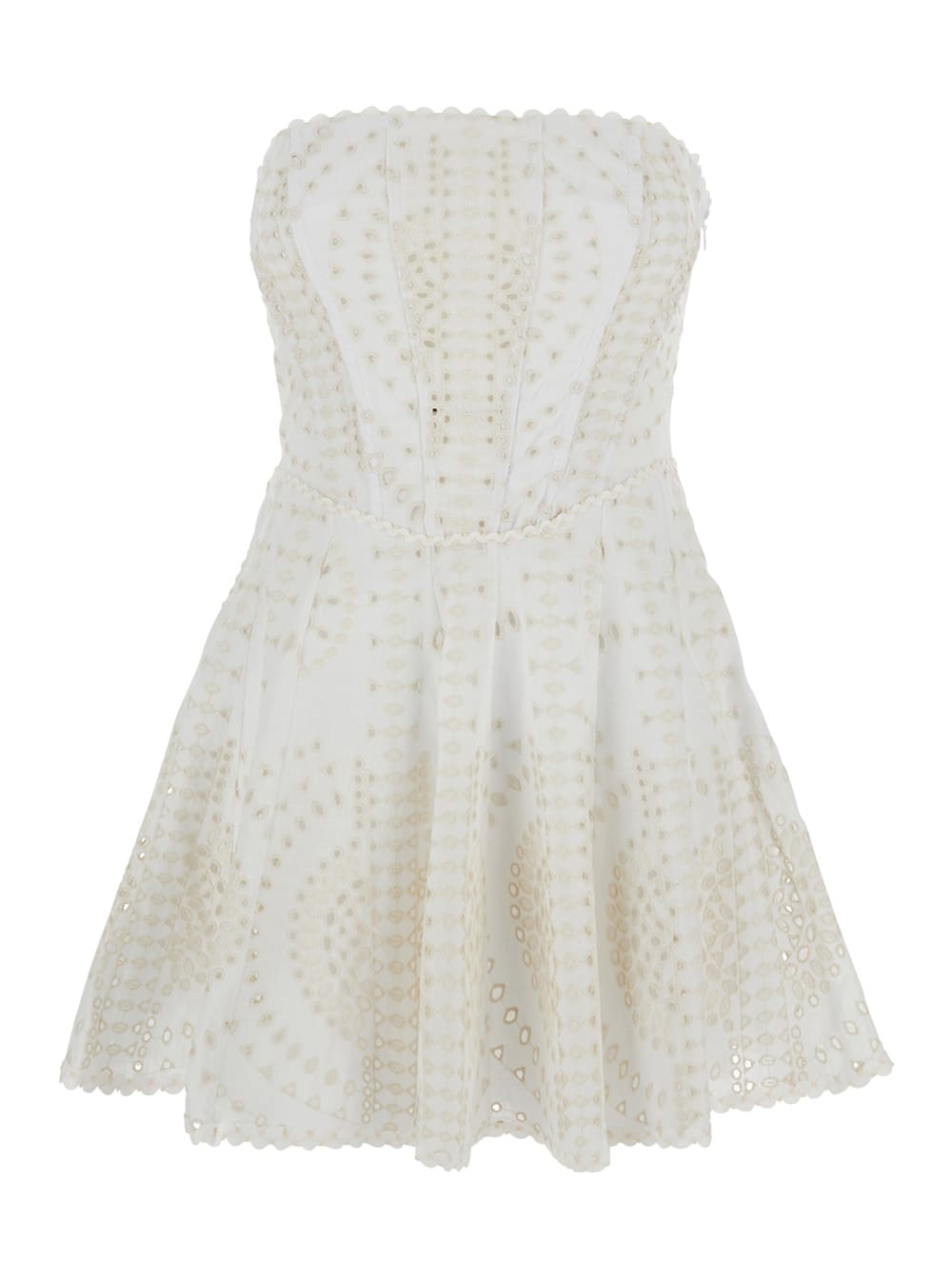 clem White Dress With Flounce Skirt And All-over Embroidery In Cotton And Linen Blend Woman