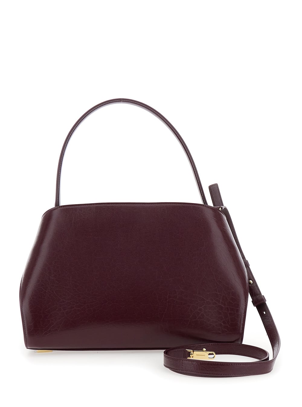 Ferragamo Hug Bordeaux Shoulder Bag With Logo Printed On Front In Hammered Leather Woman In Burgundy