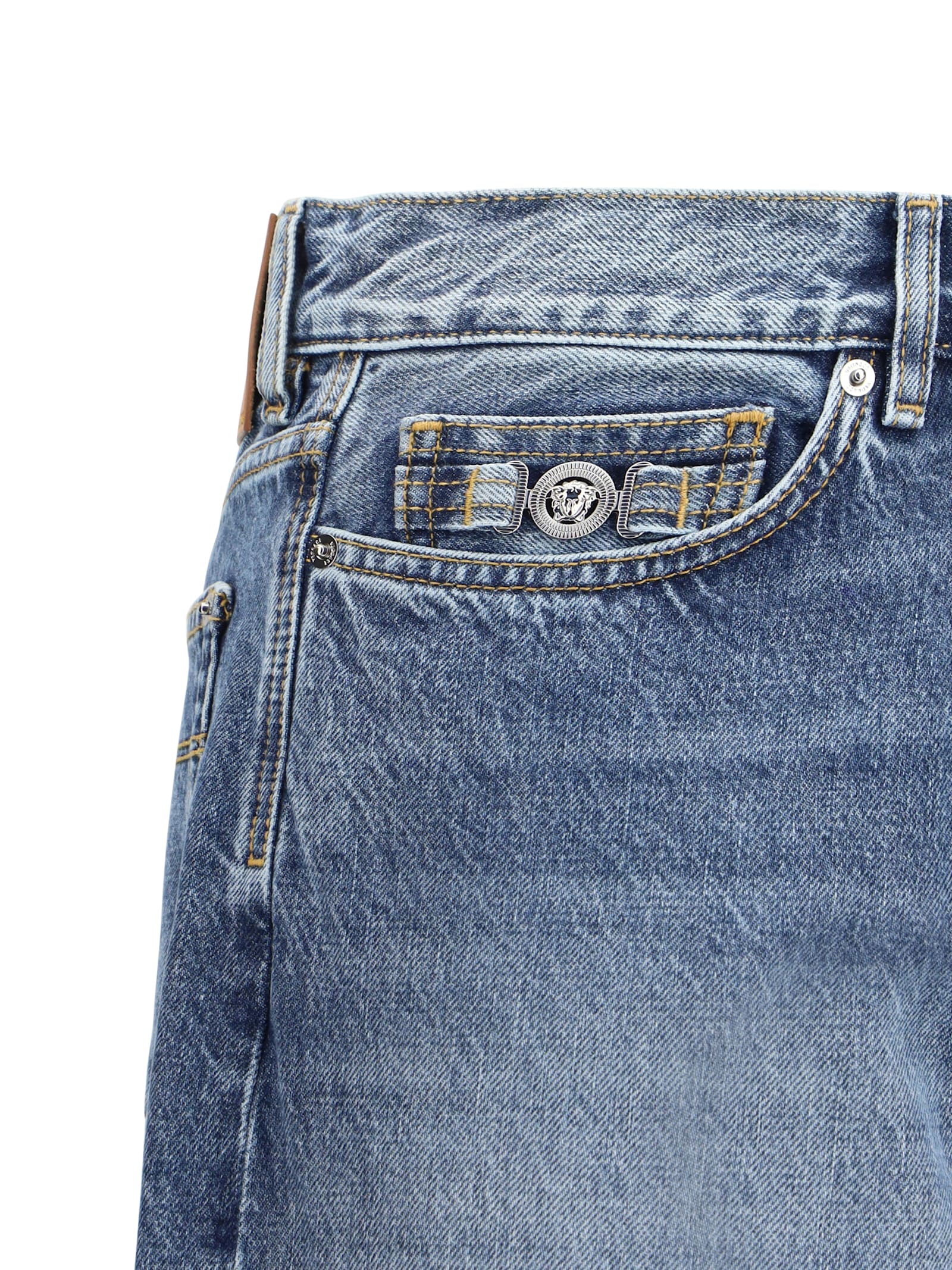 Versace Barocco Turn-up Jeans In Medium Blue