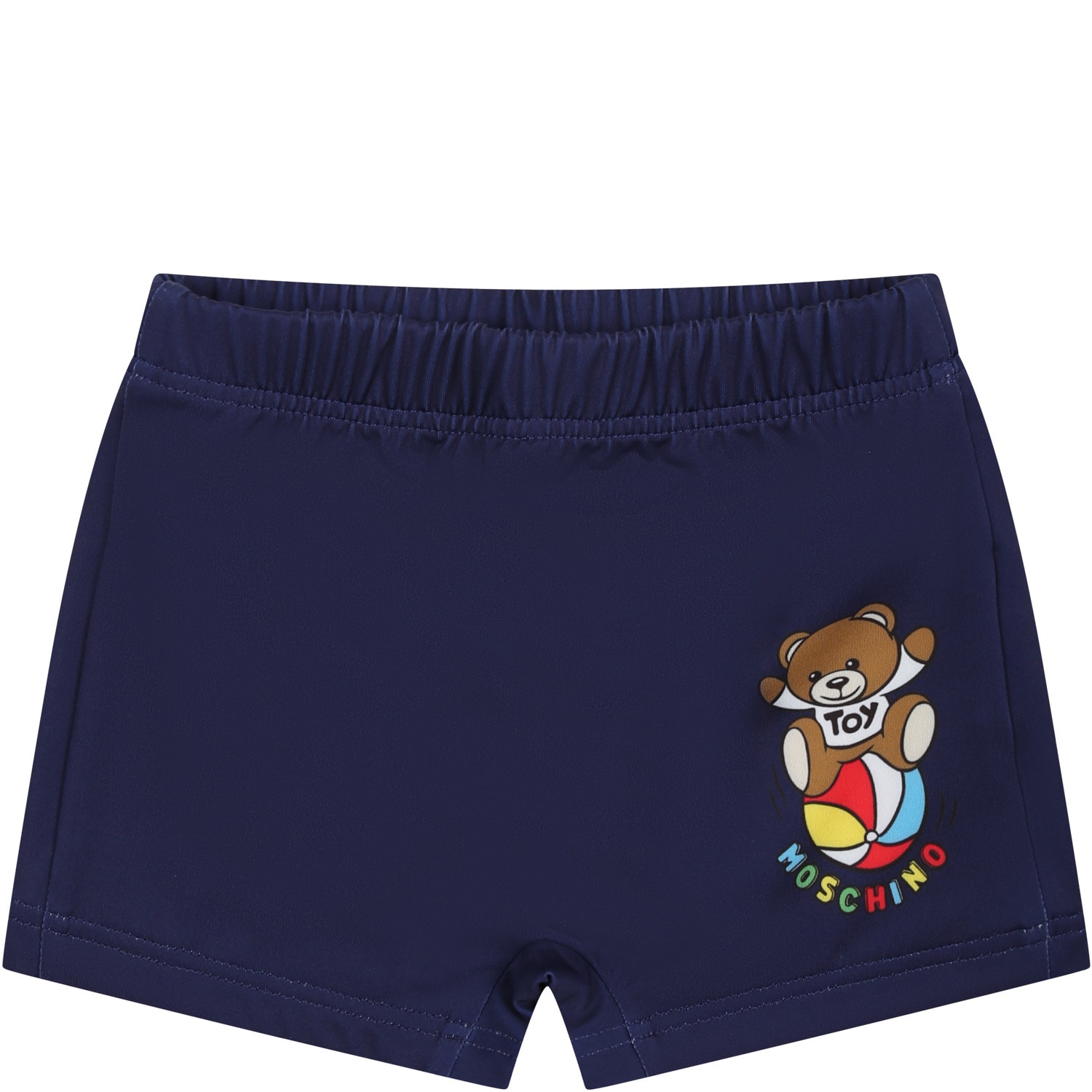 Moschino Blue Swim Shorts For Baby Boy With Teddy Bear And Multicolor Logo