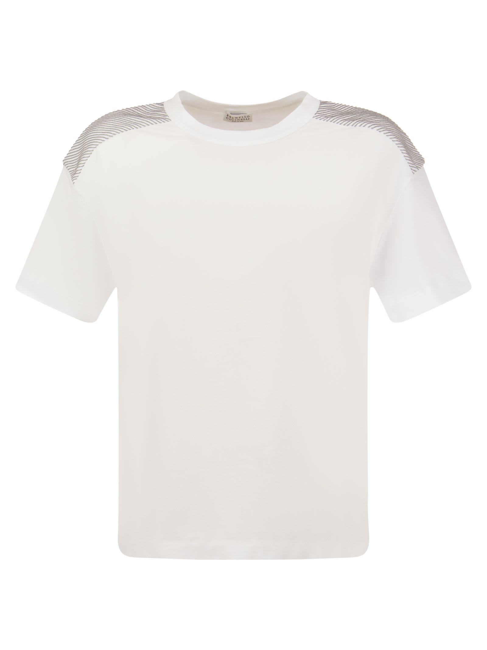 Shop Brunello Cucinelli Stretch Cotton Jersey T-shirt With Shiny Shoulders In White