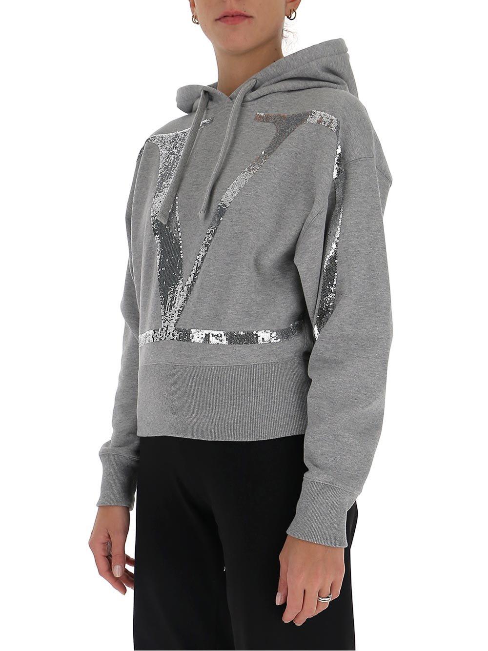 Shop Valentino Vlogo Sequinned Cropped Hoodie In Grigio