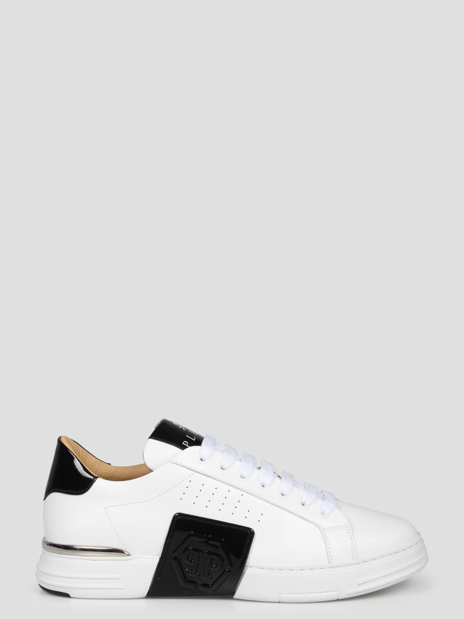 Shop Philipp Plein Mix Leather Lo-top Sneakers Hexagon In White