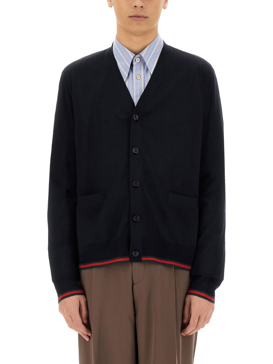 Gucci Knitted Wool Cardigan With Web Pattern In Black