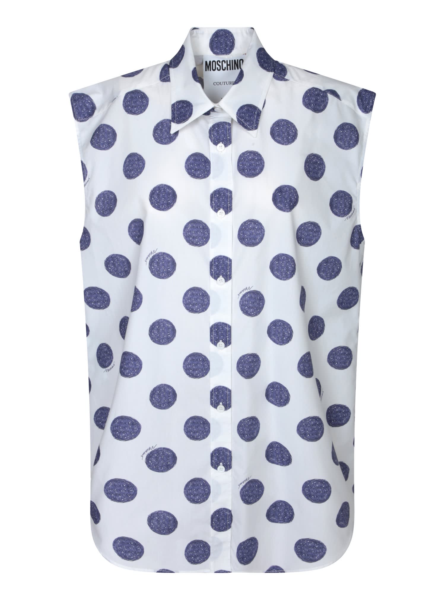Moschino Sleeveless Cotton Poplin Shirt With Polka Dot Pattern In Blue