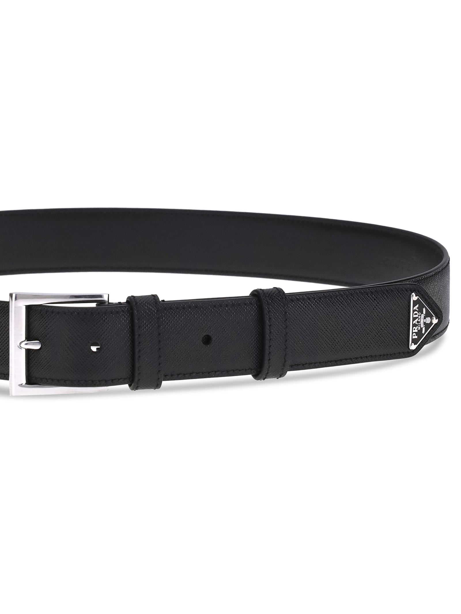Prada Men Cintura In Pelle Saffiano Con Triangolo Logo In Black