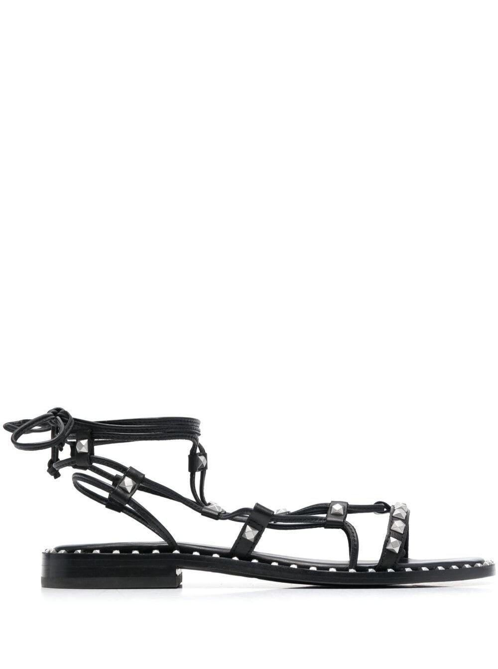 ASH PALOMA BLACK LACE-UP FLAT SANDALS WITH STUDS IN LEATHER WOMAN