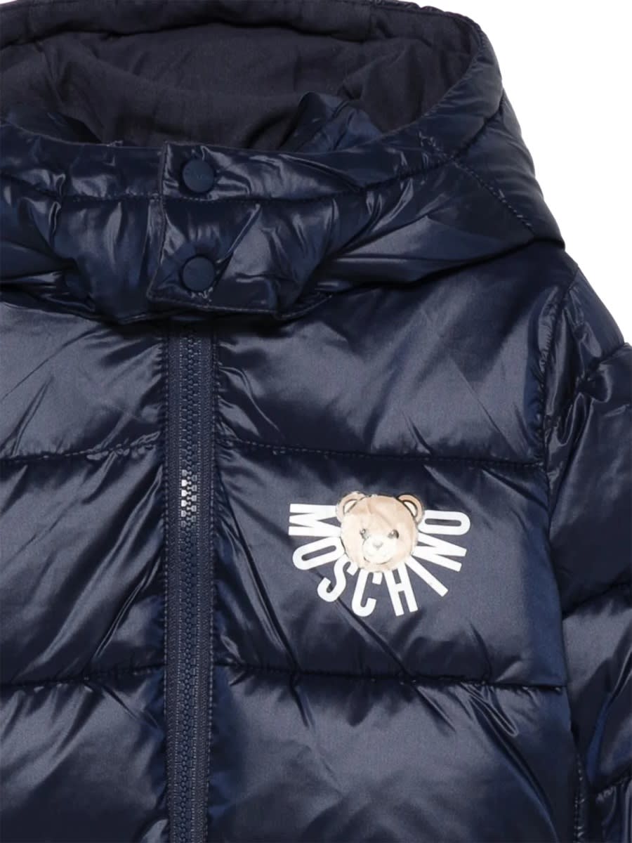 Moschino Blue Down Jacket For Babykids With Teddy Bear In Blue