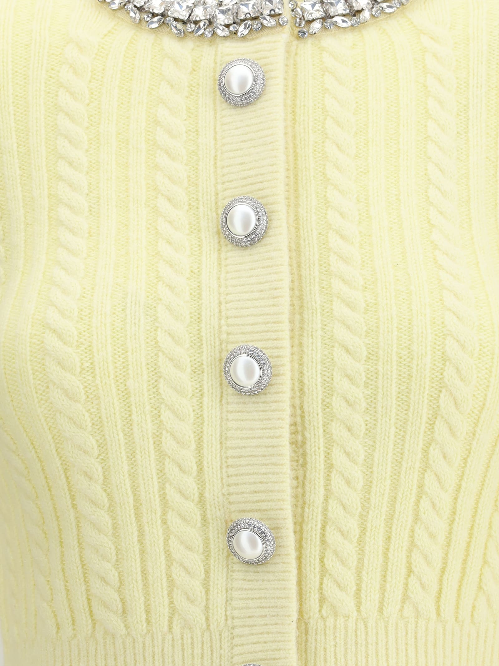 Self-portrait Wool Blend Cardigan With Rhinestones In Yellow