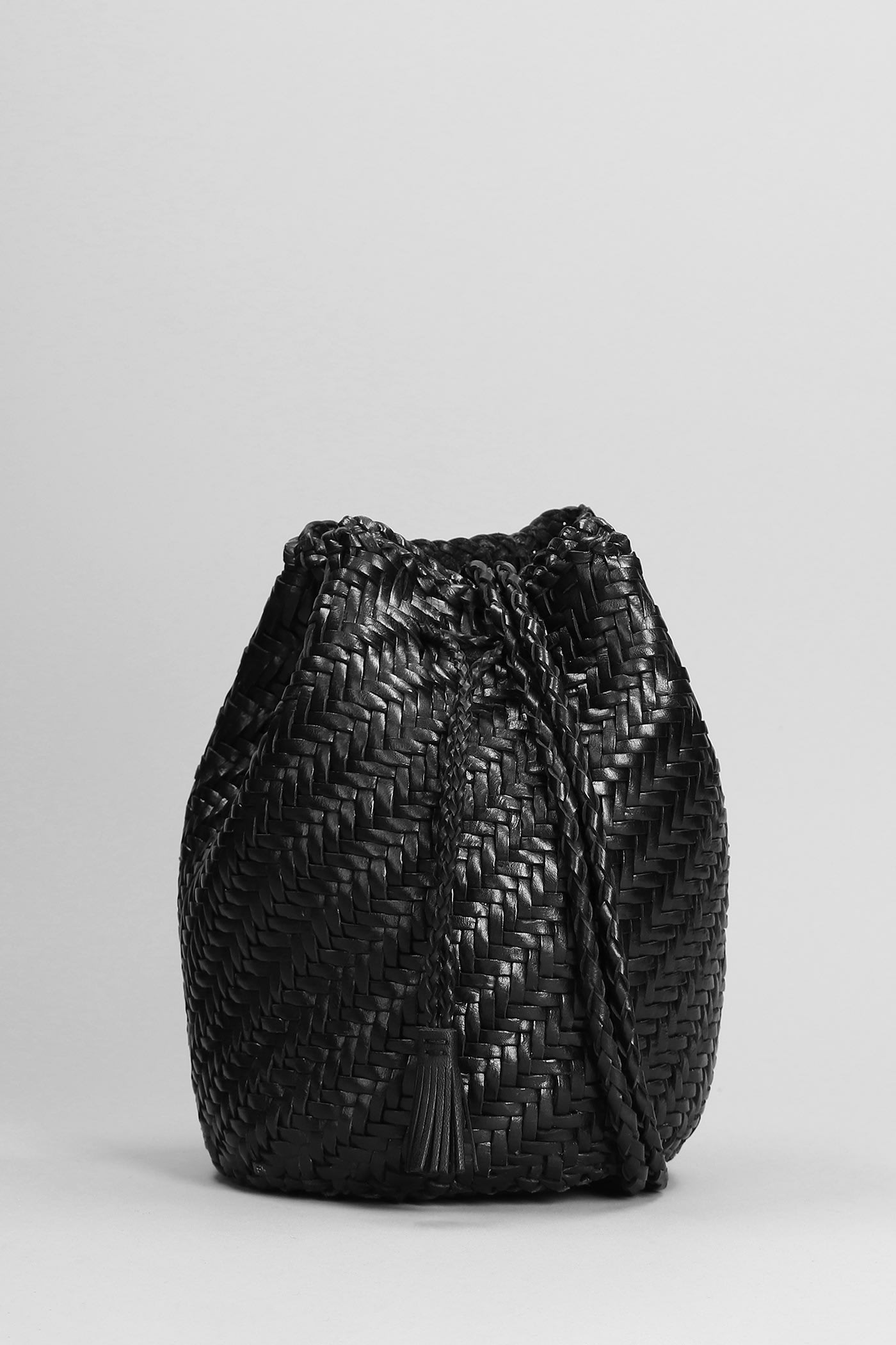 Pompom Double Hand Bag In Black Leather