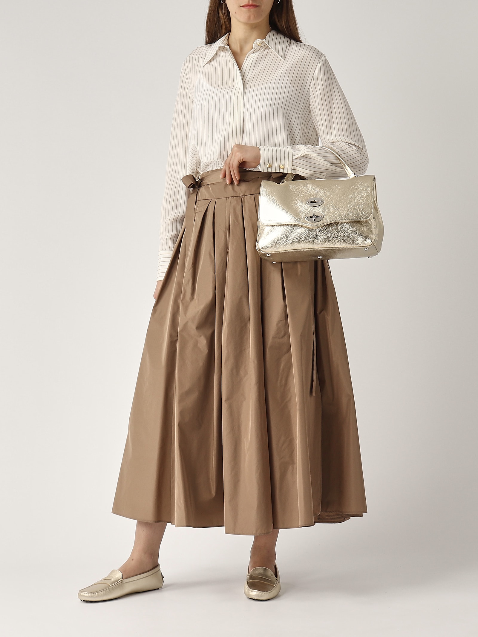 Max Mara Gong Shirt With Leather Stripe In Bianco-beige