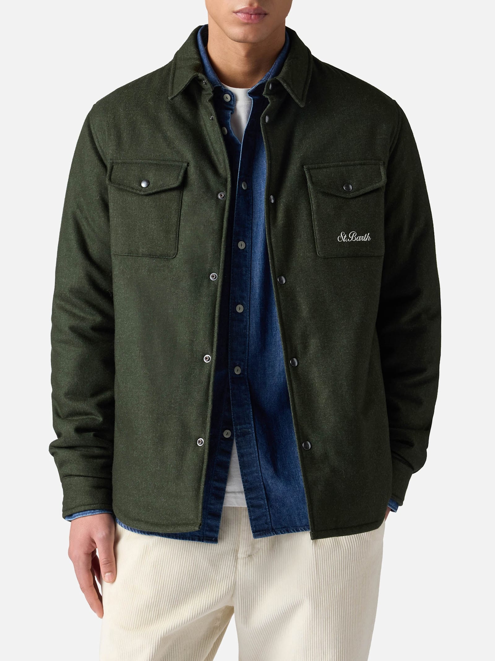 MC2 Saint Barth Wooly Green Overshirt Chalet With St. Barth Embroidery