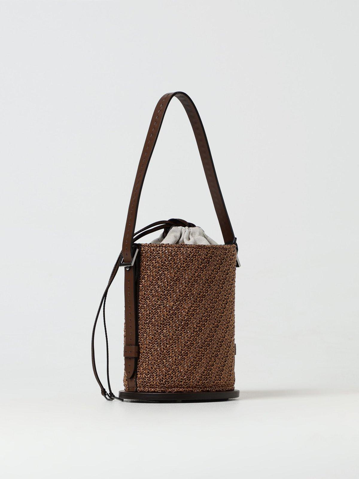 Shop Max Mara Logo Plaque Drawstring Shoulder Bag  In Brown