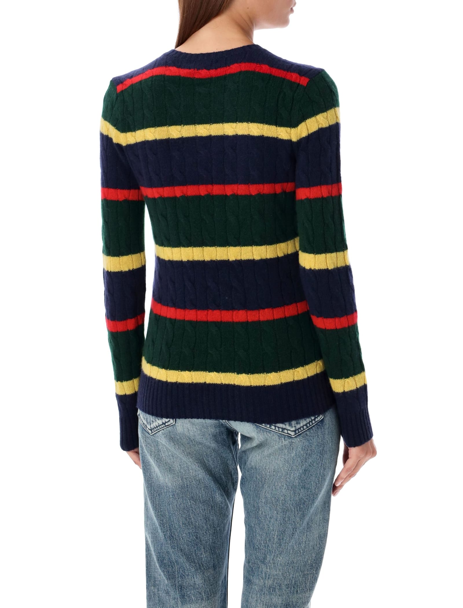 Shop Polo Ralph Lauren Julianna Cable Knit Sweater In Navy Multi Stripes