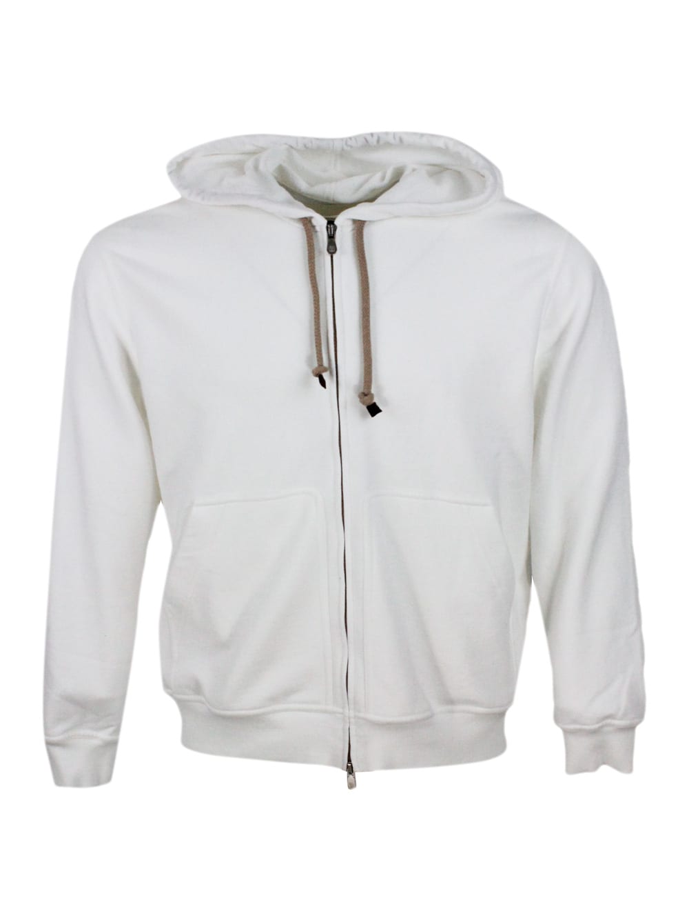 Shop Brunello Cucinelli Hooded Sweatshirt With Drawstring In Soft And Precious Cotton With Zip Closure In White