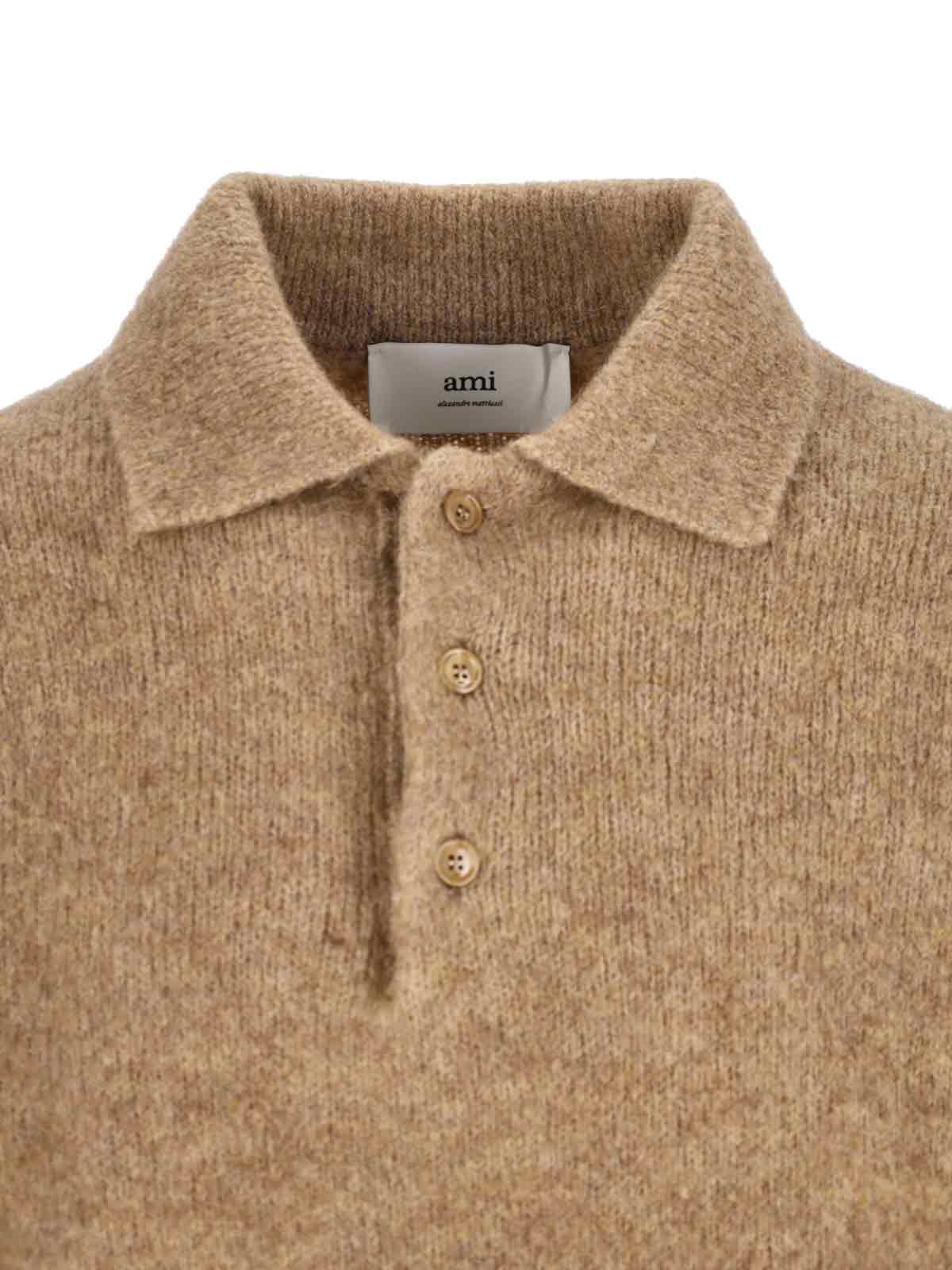 Ami Alexandre Mattiussi Ami Paris Grey Wool And Alpaca Polo Sweater Ami Paris In Brown