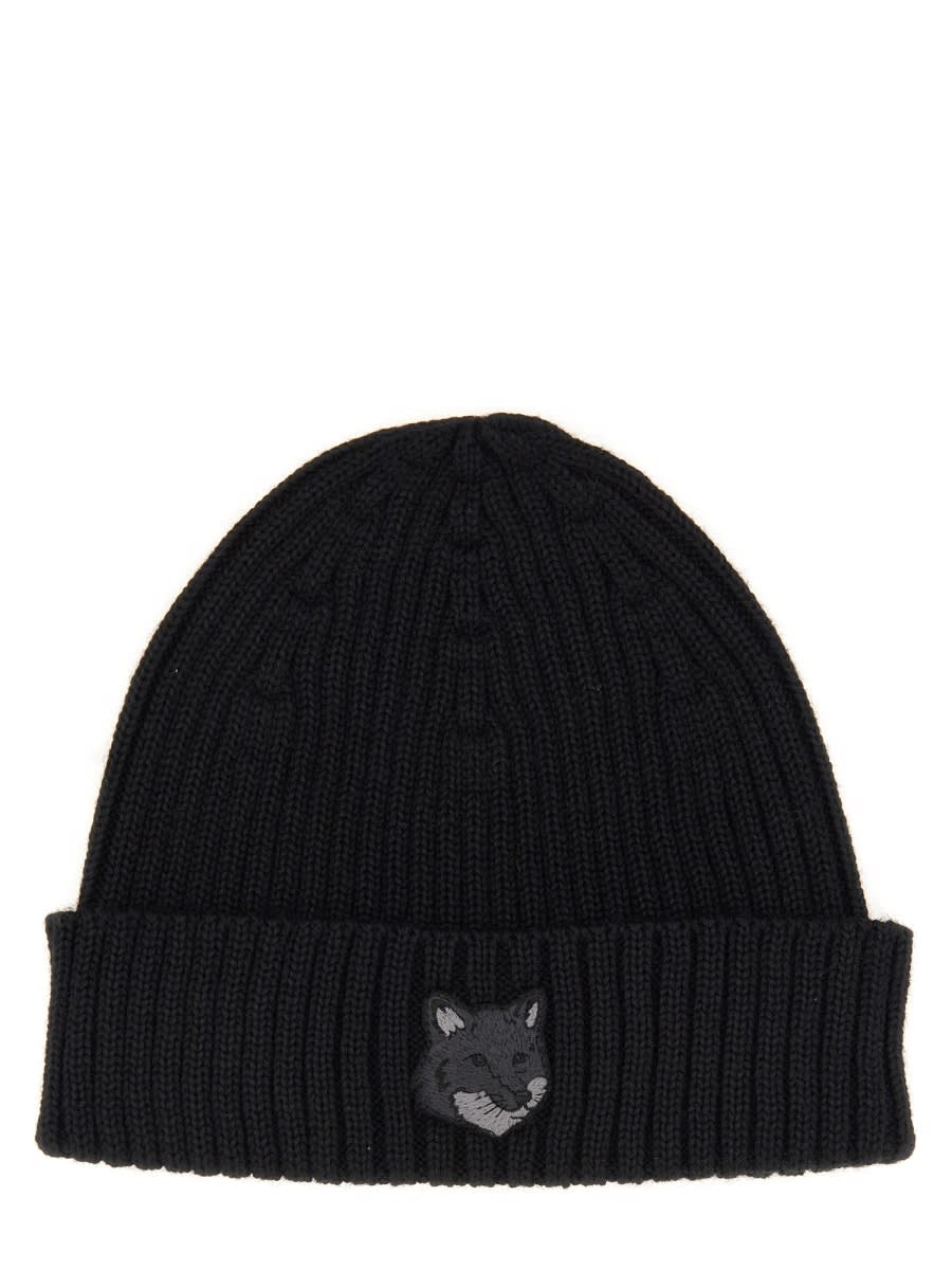 Maison Kitsuné Beanie Hat With Fox Head In Black