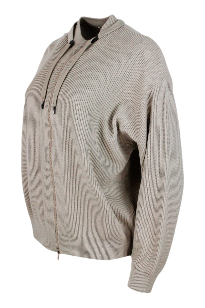 Shop Brunello Cucinelli Half English Rib Full Zip Crew Neck Sweater With Neck Ties With Tonal Monili In Beige