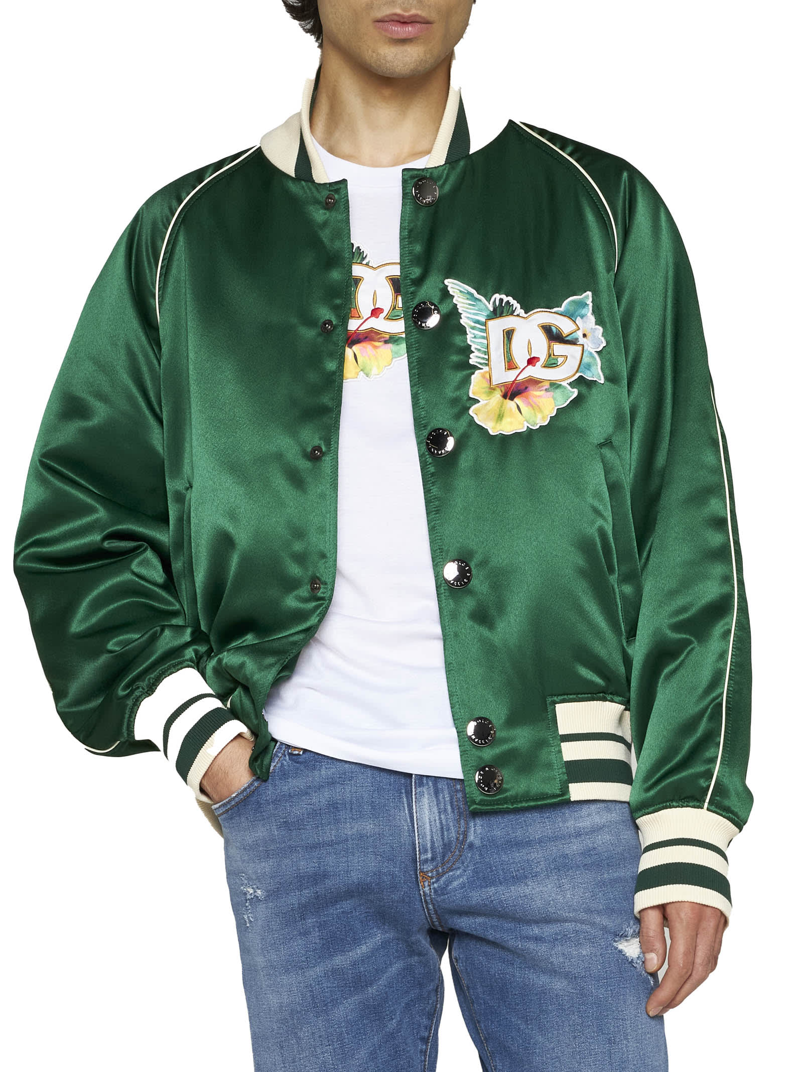 Dolce & Gabbana Logo-print Satin Bomber Jacket In Verde Scuro