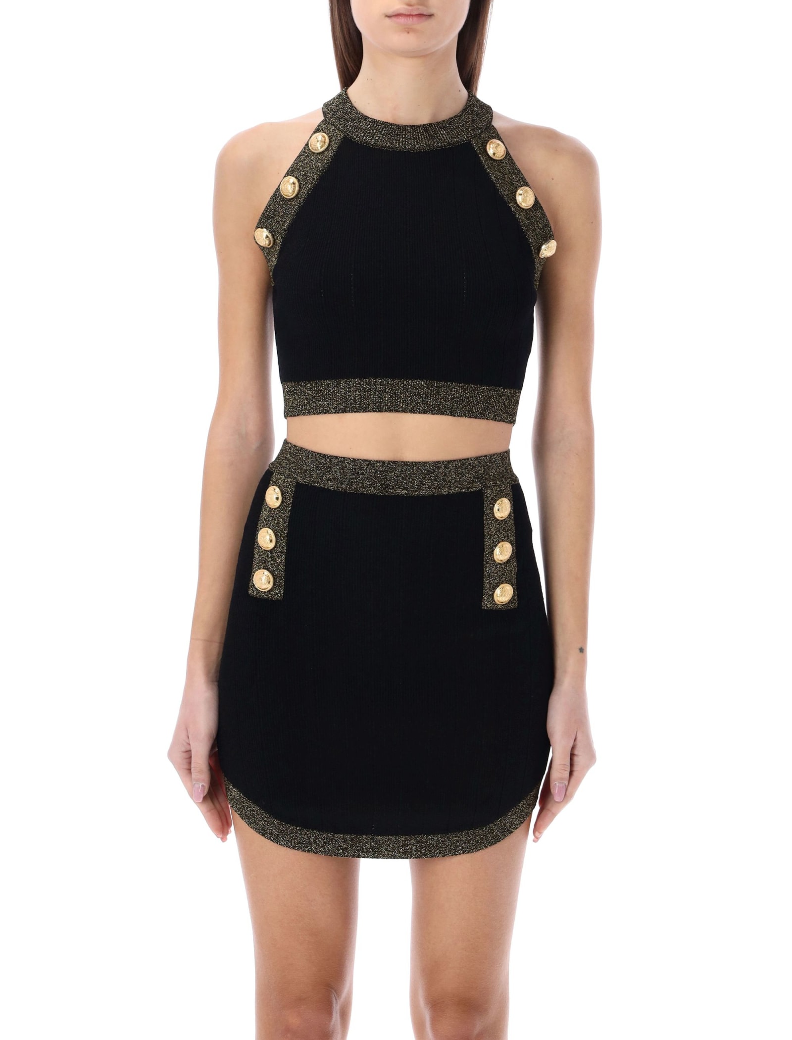Balmain Golden Trim Six-button Knit Crop Top In Black Gold