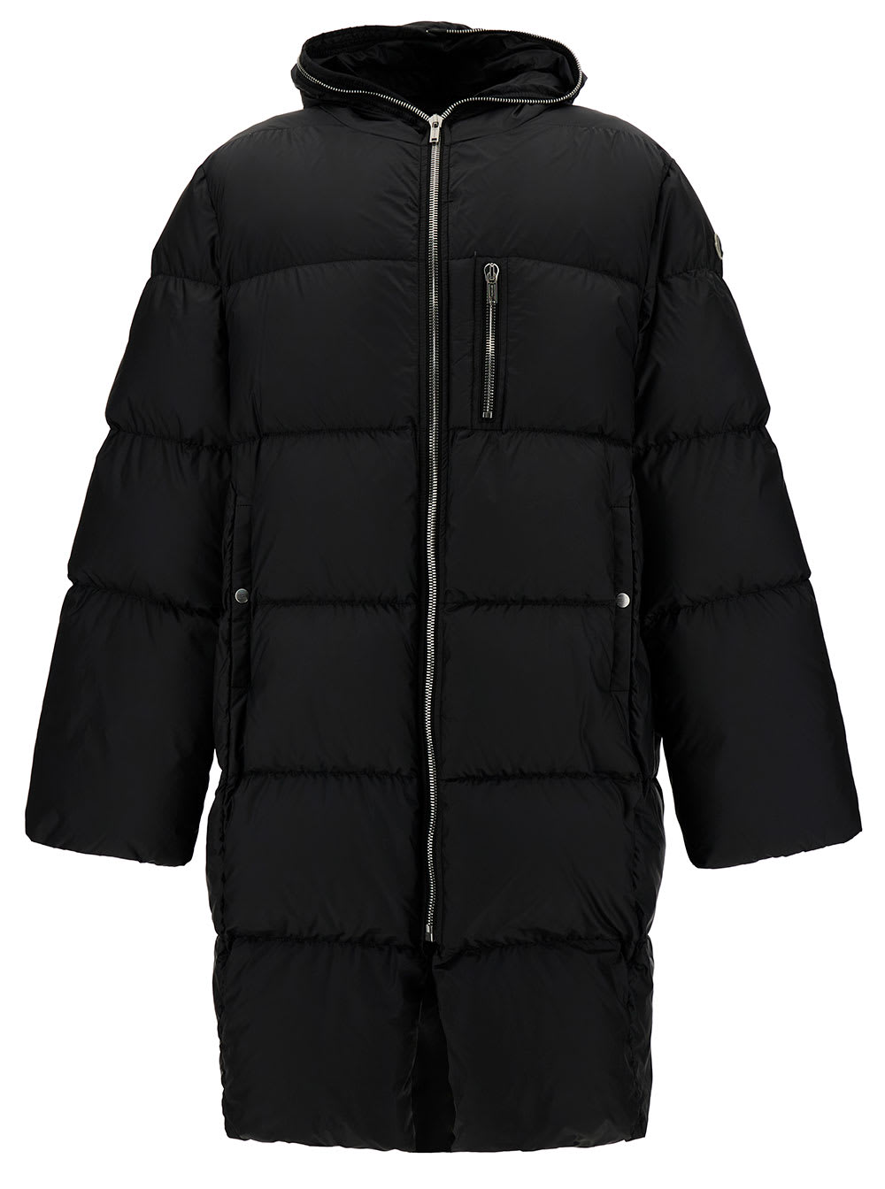 Rick Owens Gimp Long Black Down Jacket With Hood And  X Moncler Logo Patch In Duvet Man