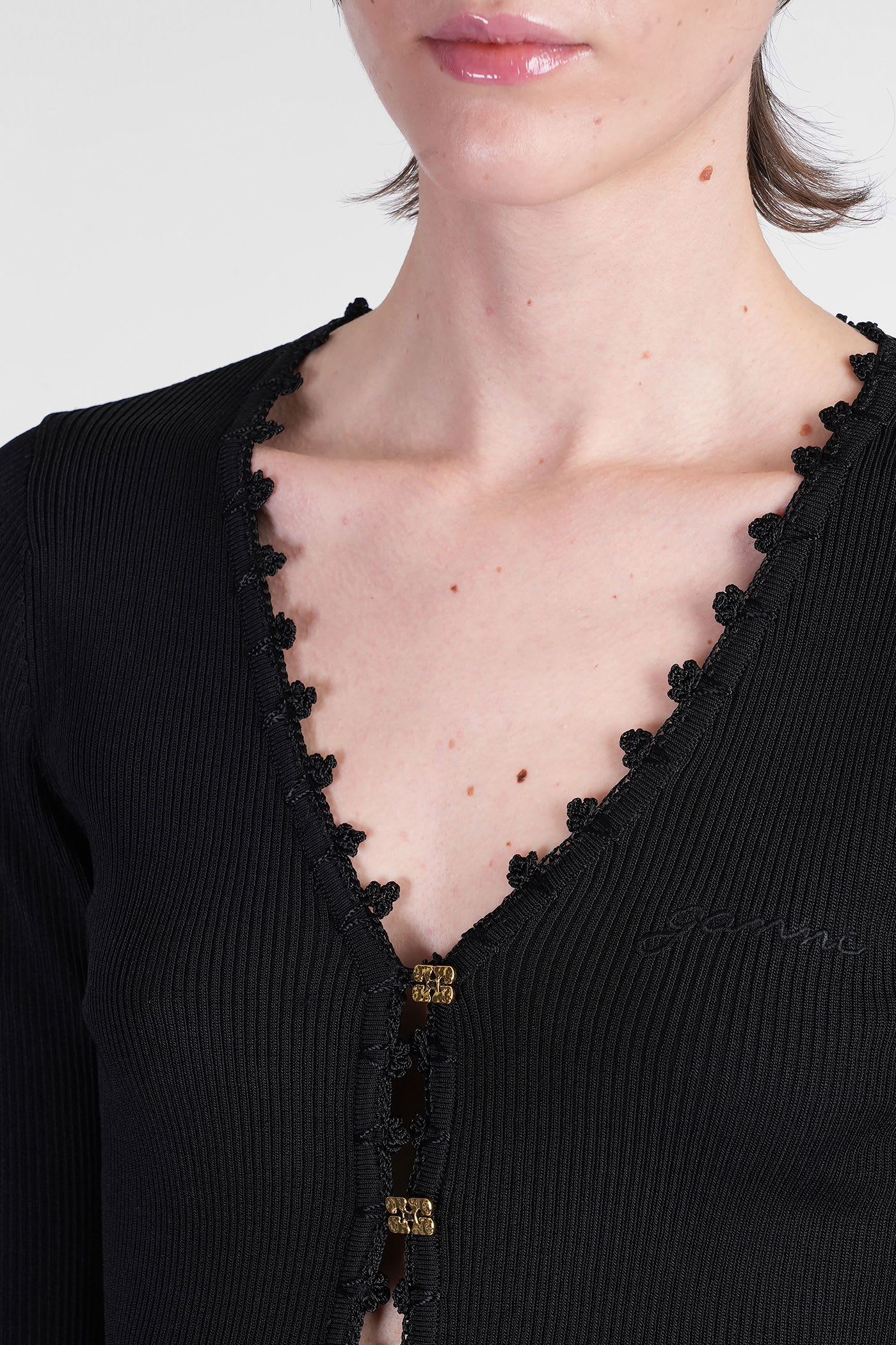 Ganni Black Shiny Viscose Crochet Cardigan