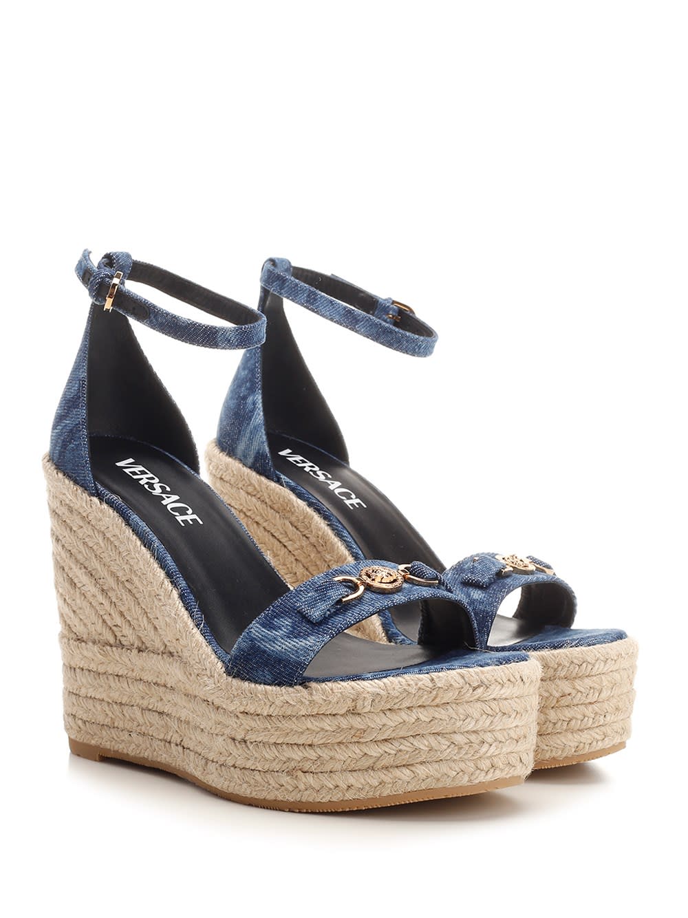 Shop Versace Straw Wedge Sandals In Bluegold