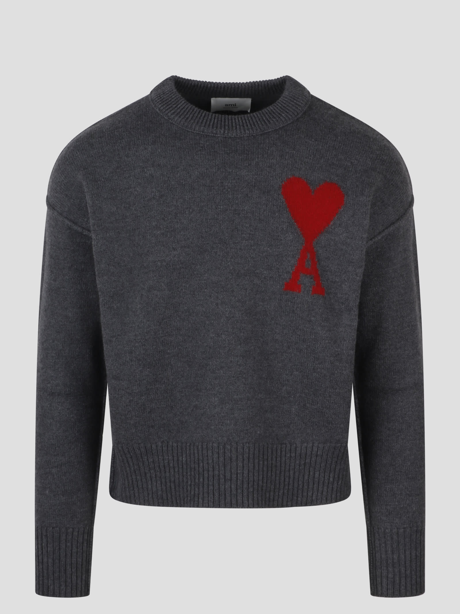 Ami Alexandre Mattiussi Crew Neck Long Sleeve Sweater With Ribbed Edges In Grey