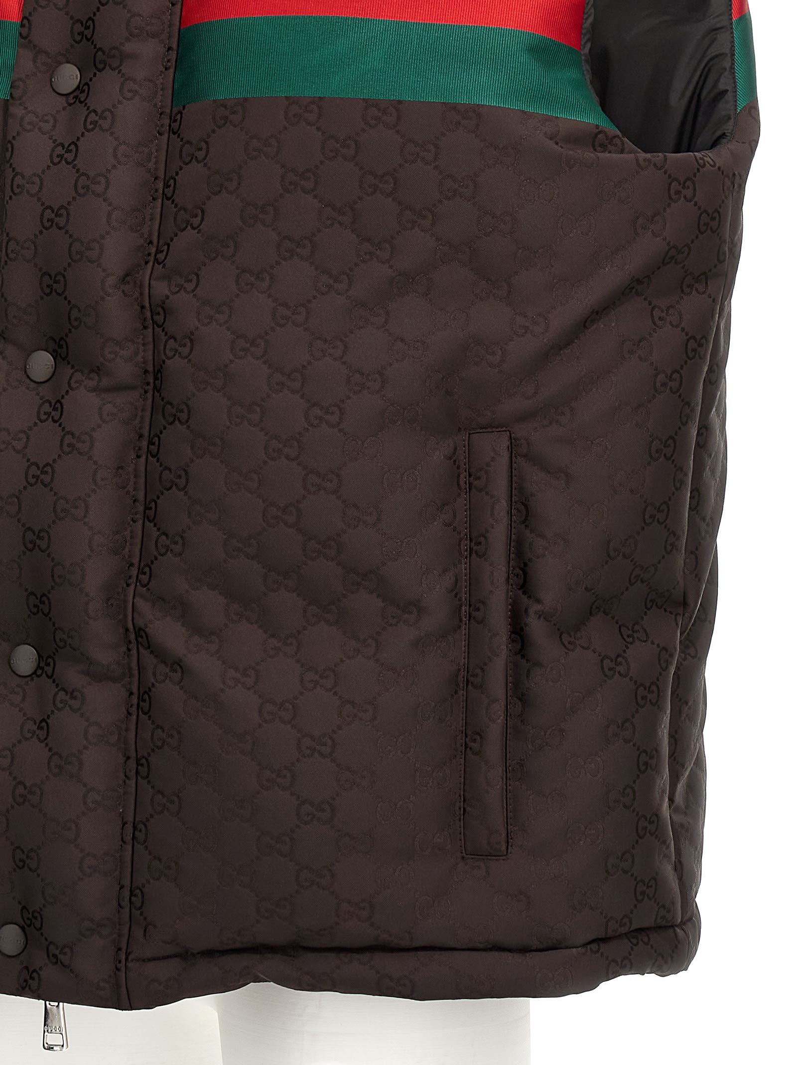 Gucci Dark Brown Gg Polyester Blend Sleeveless Down Jacket In Browngreenred