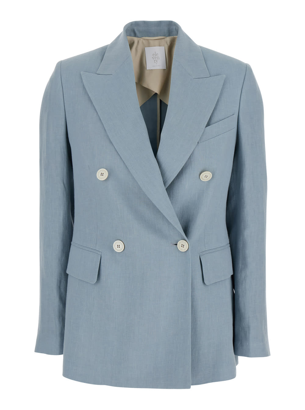 Light Blue Double-breasted Jacket With Peak Lapels In Linen Woman
